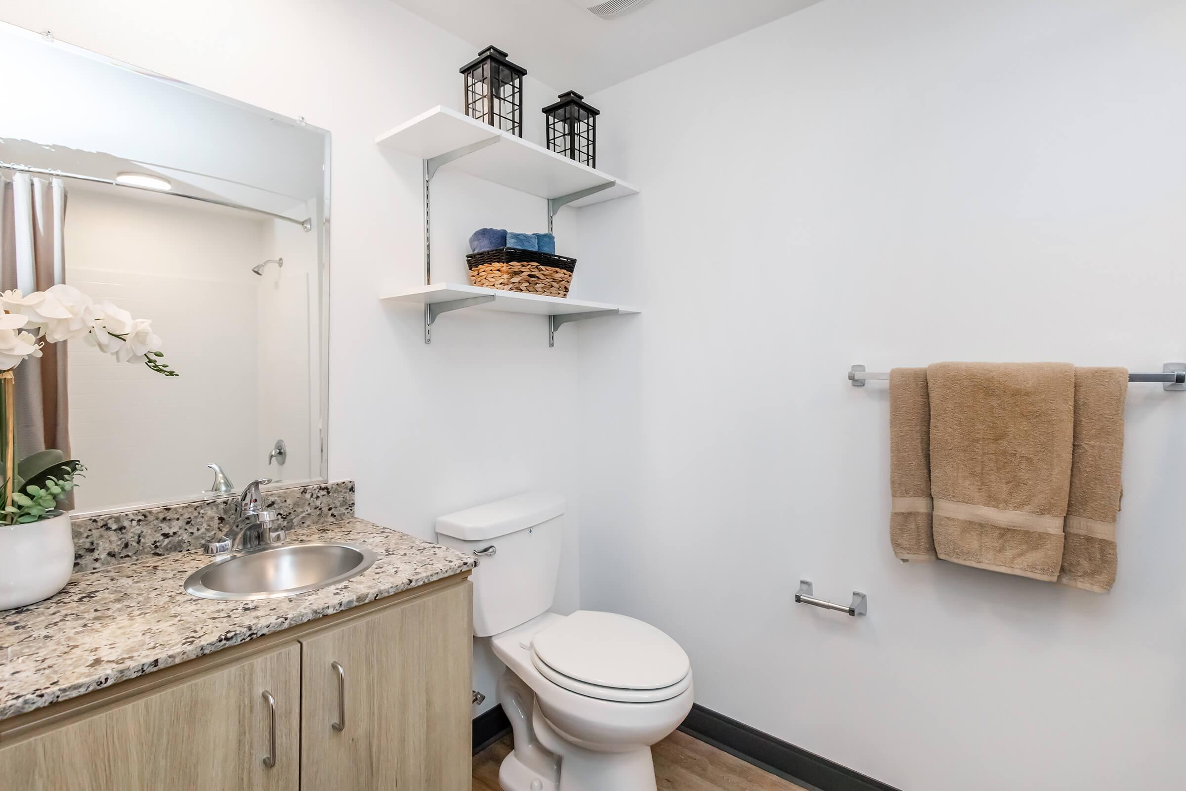 A clean and modern bathroom featuring a sink with a granite countertop, a white toilet, shelves with decorative items, and a towel hanging on a rack. The walls are painted white, and natural light illuminates the space. Two lantern-style lights are placed on the shelves.