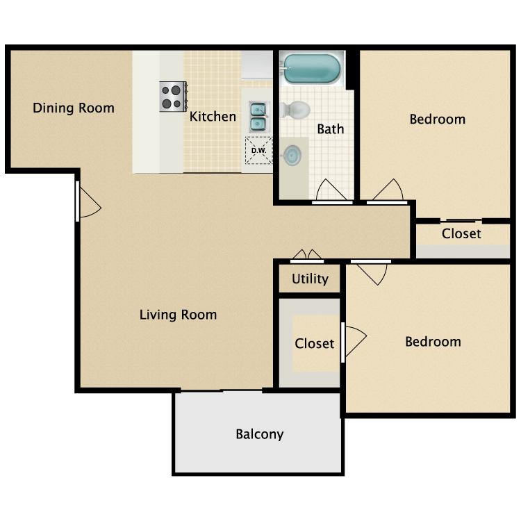 Floor plan image of Two Bedroom One Bathroom