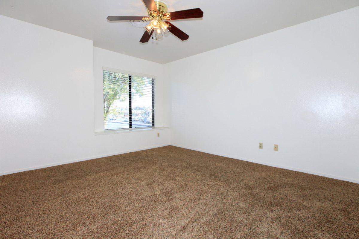 Carpeted bedroom with ceiling fan