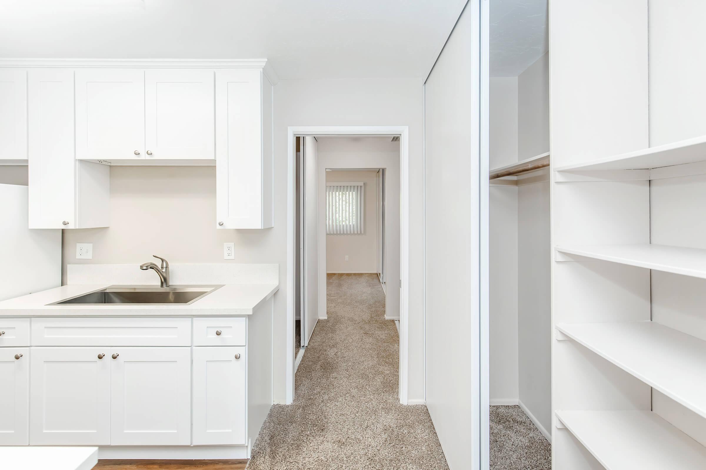 A bright and modern kitchen featuring white cabinetry, a stainless steel sink, and a counter. A hallway leads from the kitchen to a carpeted area, with a closet on the right. Natural light enters through a nearby window, enhancing the open and clean atmosphere of the space.