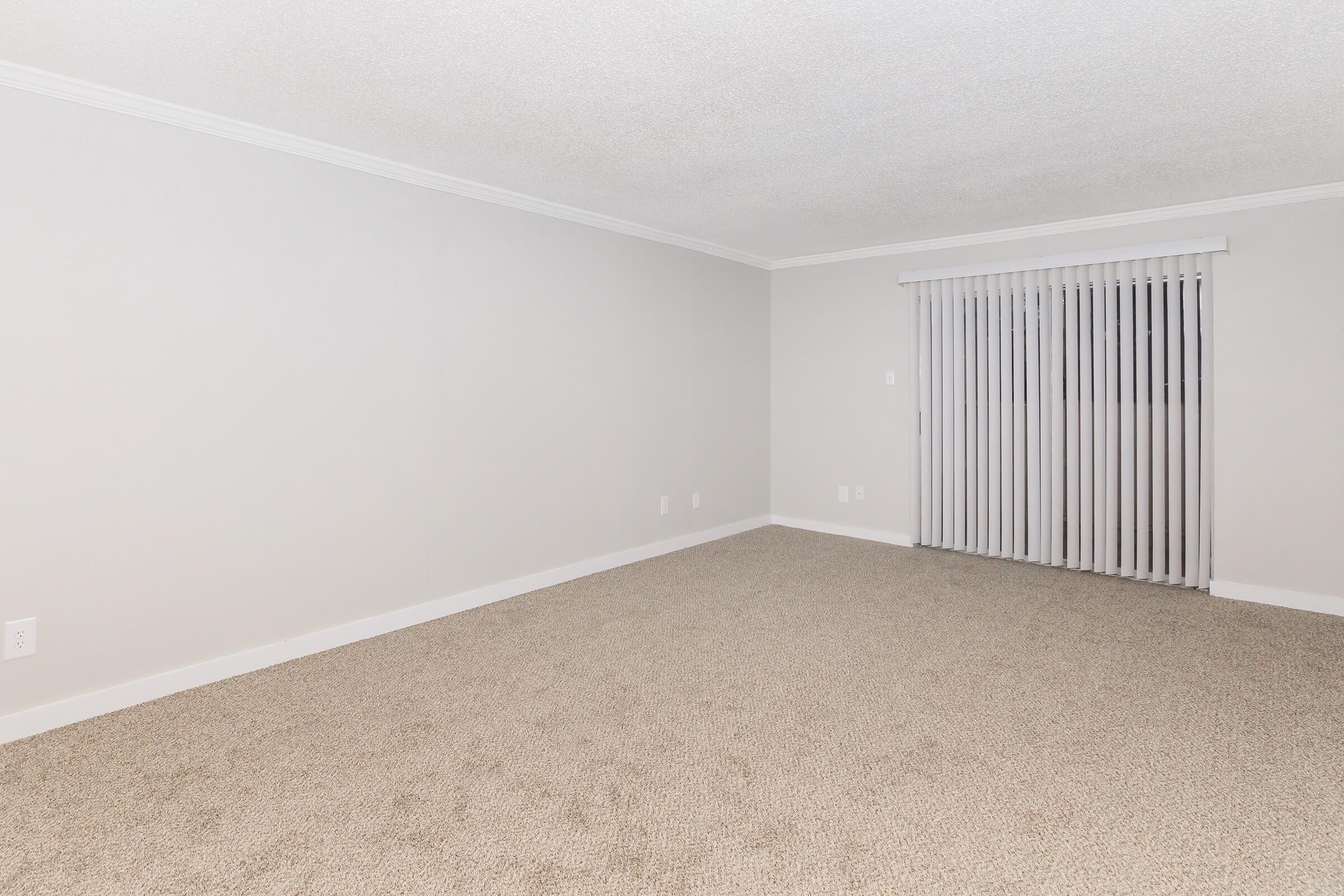 A spacious, empty room with light gray walls and beige carpet. There is a large window with vertical blinds on one side, allowing natural light to enter. The ceiling is textured, and there are no furnishings in the space, creating a clean and minimalist look.