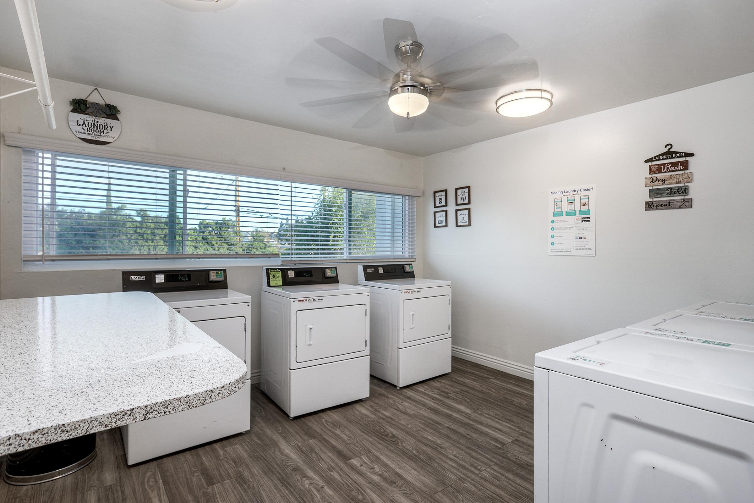 Laundry room featuring several front-loading washing machines and tumble dryers lined up against a wall. A countertop runs alongside the machines, and large windows let in natural light, showcasing a view of greenery outside. The room is well-lit, with a ceiling fan and framed pictures on the walls.