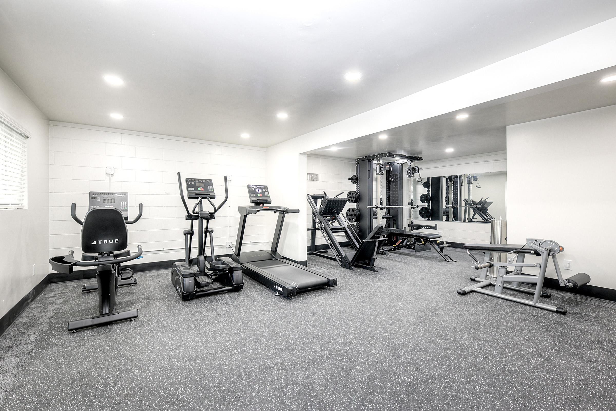 A modern gym interior featuring various fitness equipment including treadmills, a stationary bike, and a strength training machine. The space has smooth flooring, bright overhead lights, and mirrors on the walls, creating a clean and inviting workout environment.