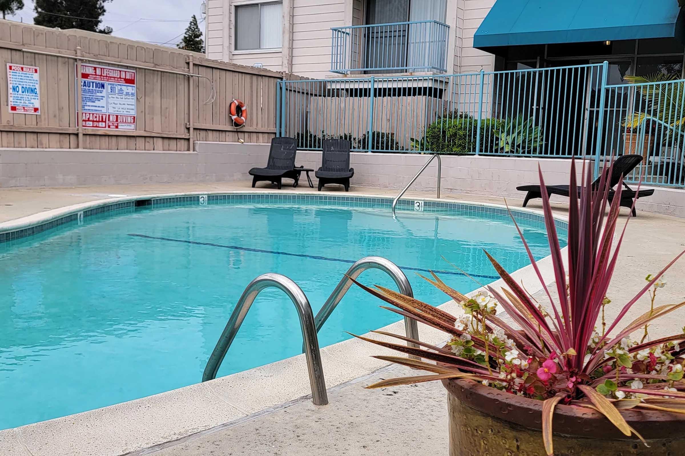 A view of a swimming pool with clear blue water, featuring two black lounge chairs beside it. The pool area is enclosed by a fence, with a flower pot in the foreground containing vibrant red and green plants. Nearby, there are signs on the wall warning about pool safety.