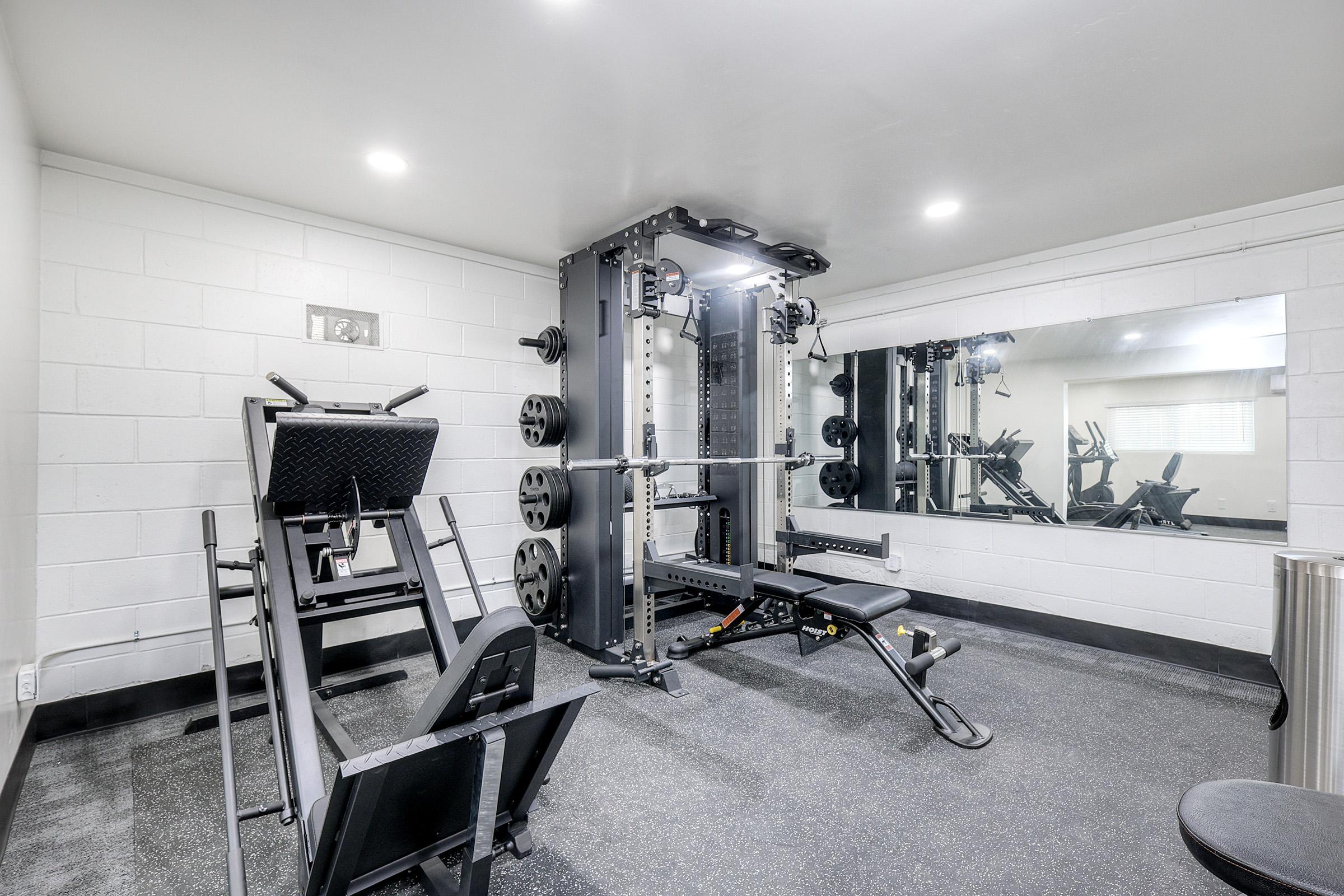 A well-equipped home gym featuring a multi-functional weightlifting rack with weights, a bench, and a leg press machine. The space has mirrored walls and is well-lit, with a rubberized floor for safety and comfort during workouts.