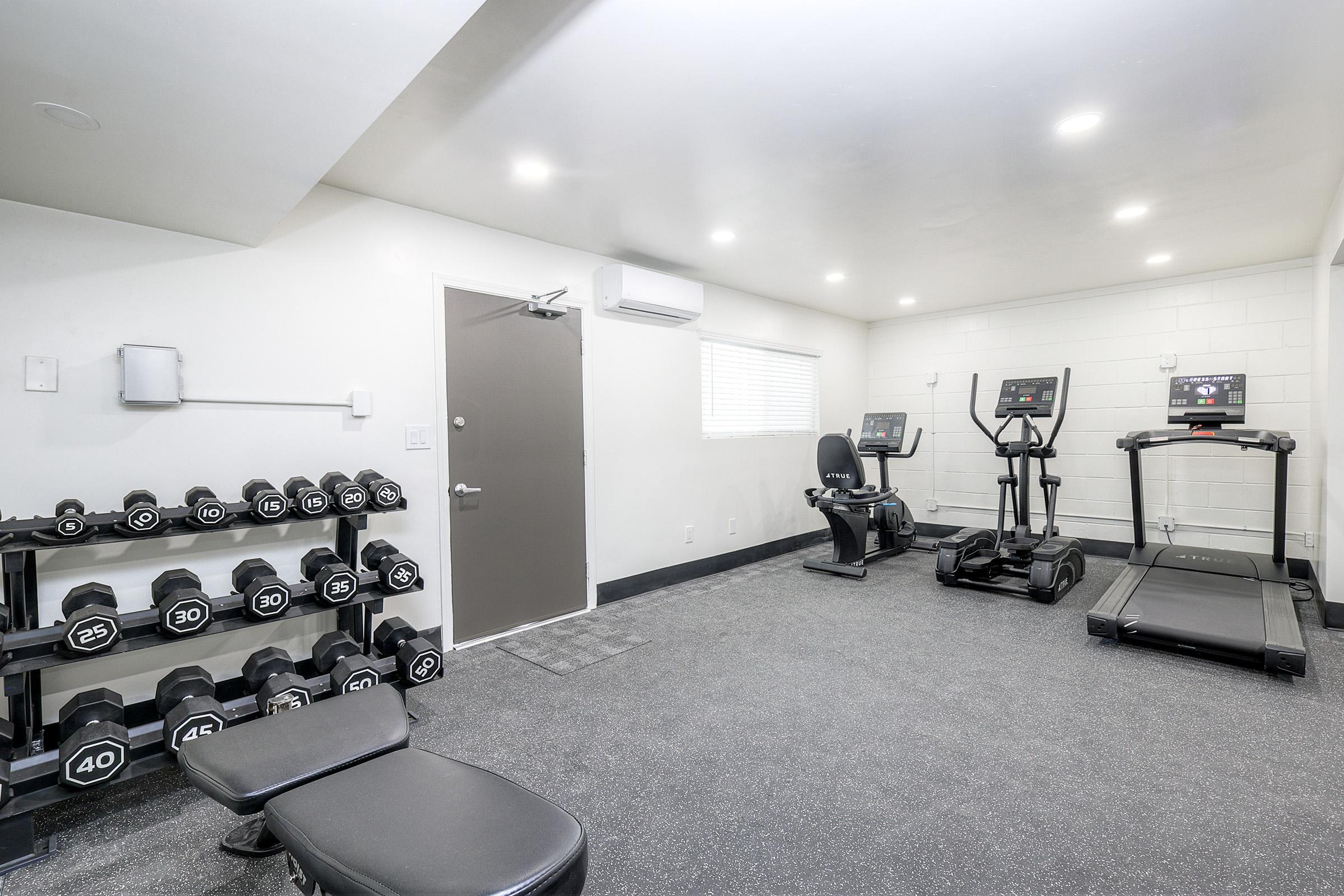 A modern home gym featuring a set of dumbbells on a rack, a treadmill, an elliptical machine, and a weight bench. The room has white walls, gray flooring, and a door leading to an exterior area, with a window providing natural light.