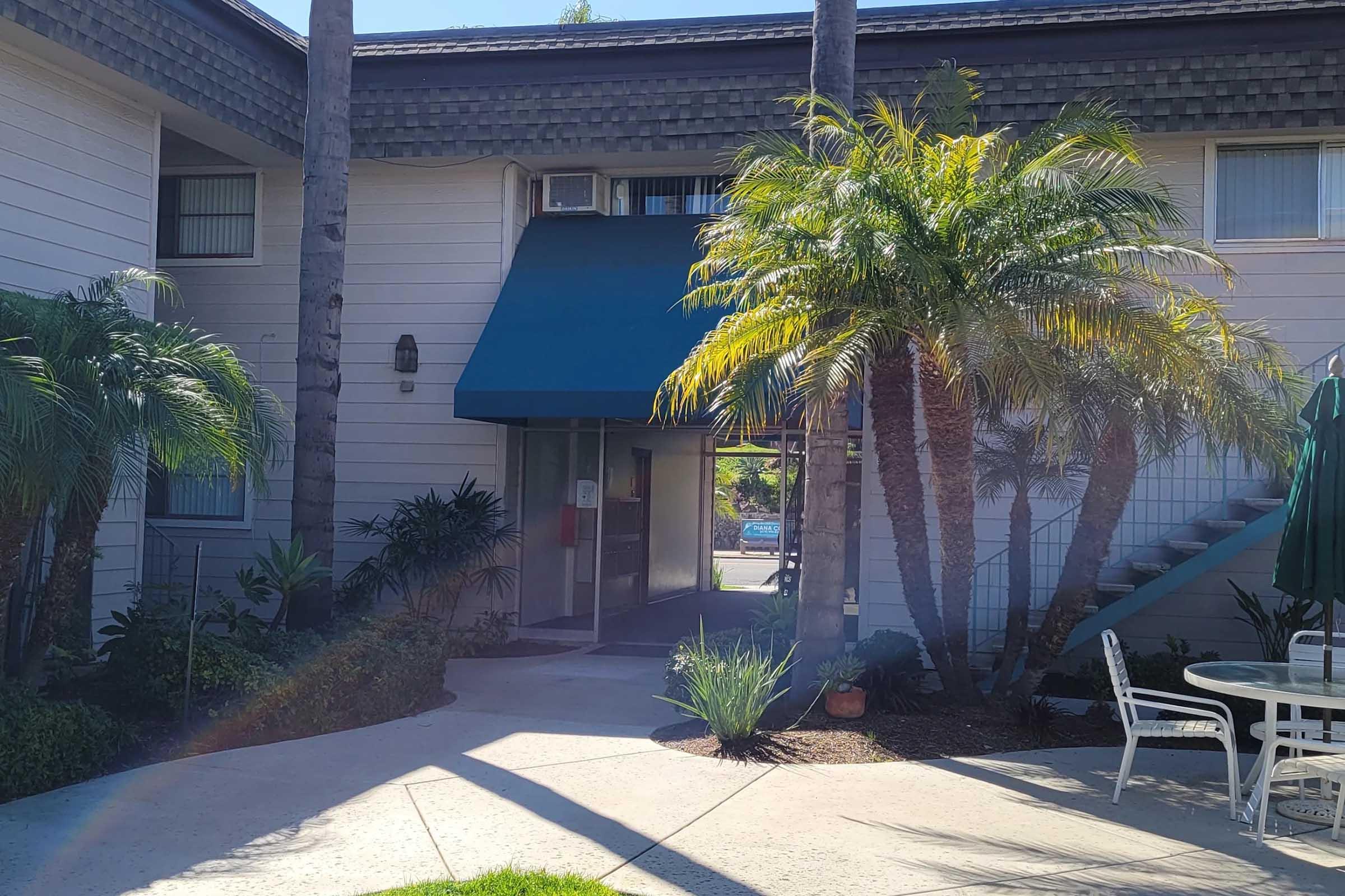A view of a courtyard featuring lush palm trees and green plants, leading to a building entrance with a blue awning. There are white outdoor tables and chairs nearby, set on a paved area. The scene is well-lit and conveys a tropical, inviting atmosphere.