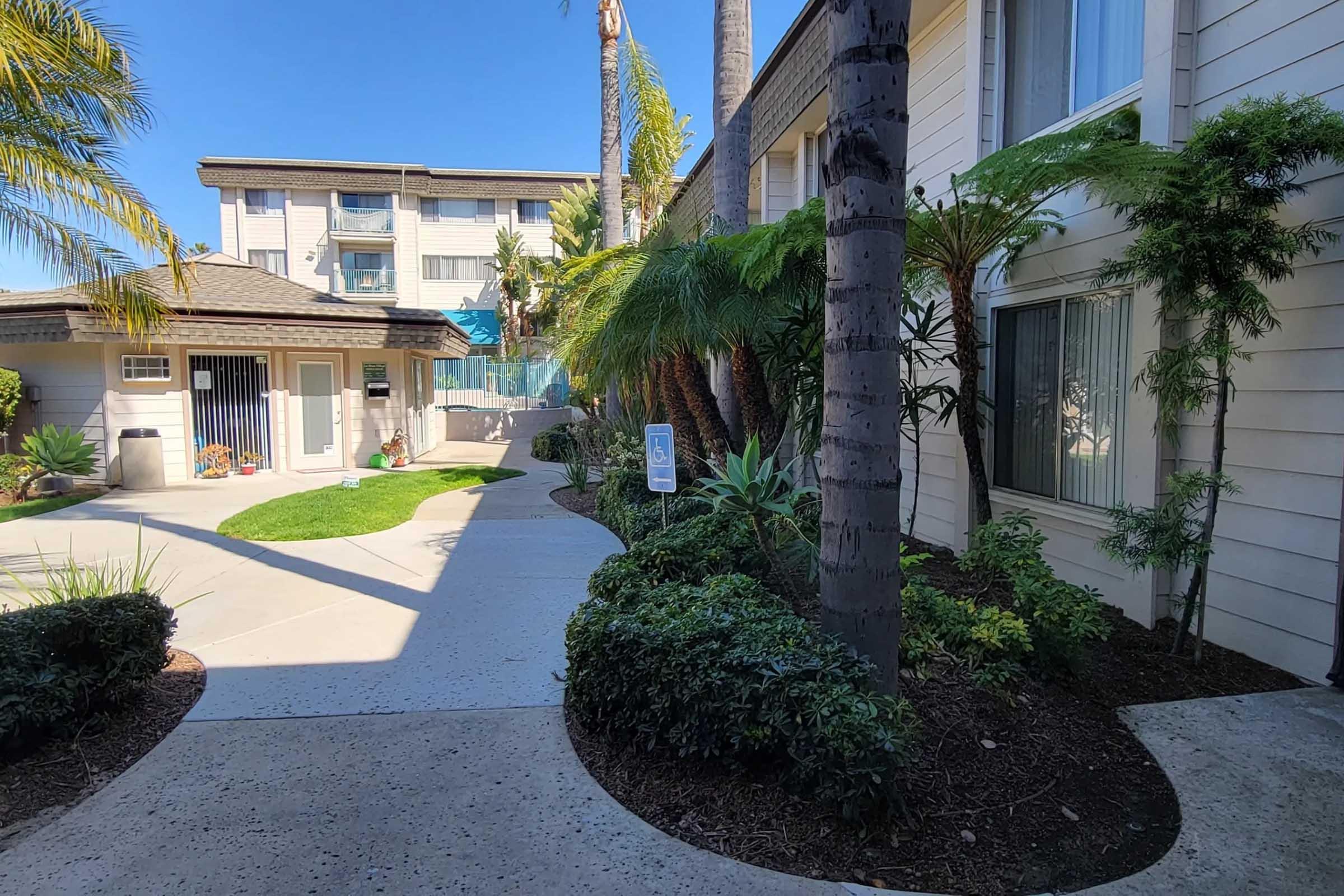 A well-maintained outdoor pathway with tropical plants and palm trees, leading to a building. The scene features green grass, a small courtyard area, and a clear blue sky in the background, creating a pleasant and inviting atmosphere.