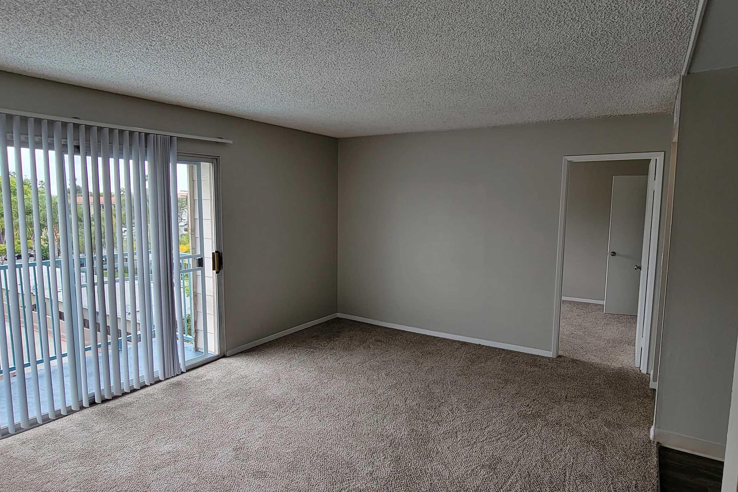 Empty room featuring carpeted floors, neutral-colored walls, and large sliding glass doors with vertical blinds leading to a balcony. A doorway on the right leads to another room. Natural light illuminates the space, creating a bright and airy atmosphere.