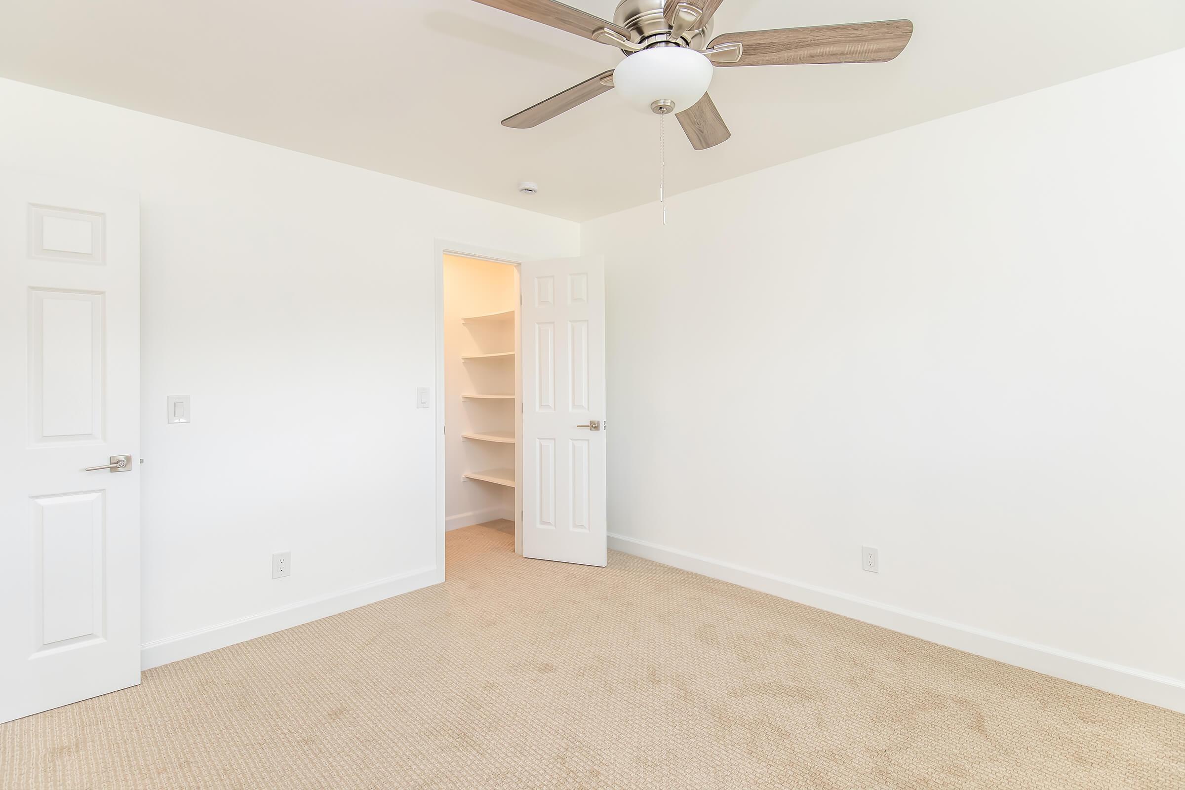 A light and airy empty room with beige carpet, a ceiling fan, and white walls. There is a closed door on the left side leading to another room, while an open door on the right reveals a small closet with shelving. Natural light is coming from the doorway, enhancing the spacious feel.