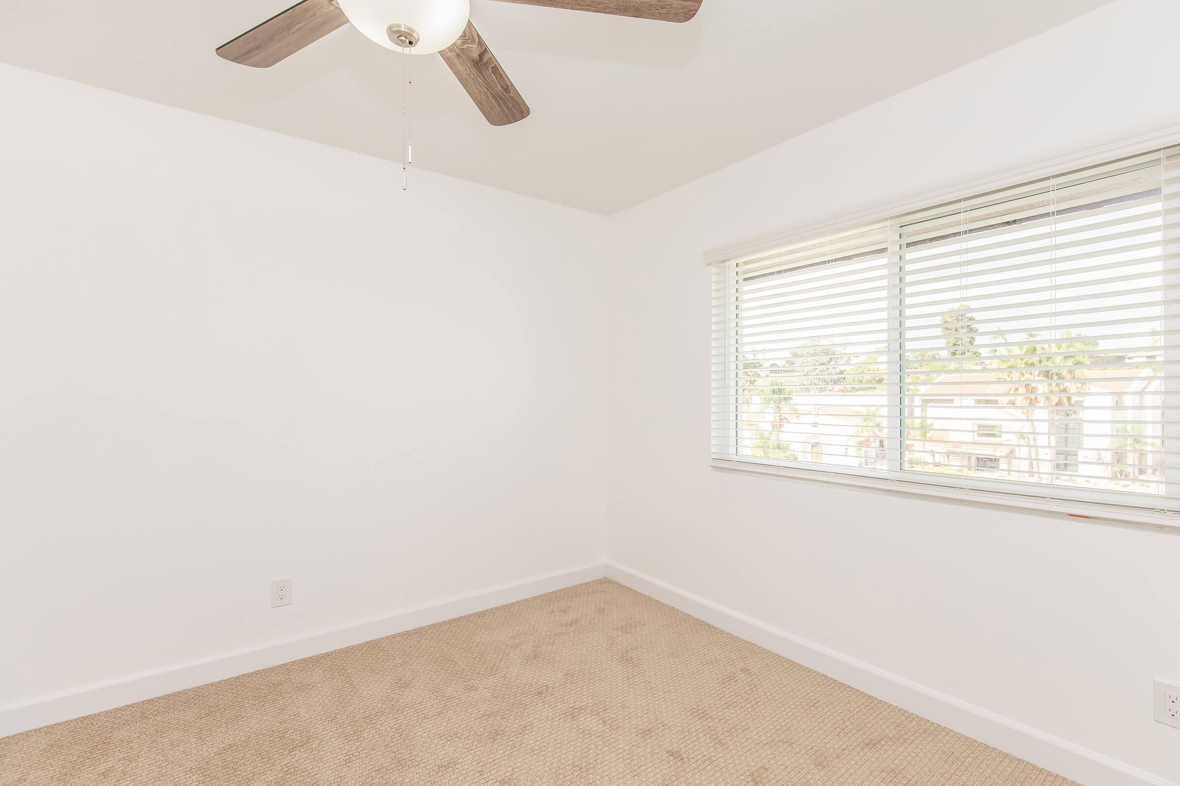 A bright, empty room featuring light beige carpet and white walls. There is a ceiling fan with wooden blades and a window with blinds, allowing natural light to enter. The view outside includes trees and distant buildings. The space appears clean and minimalistic, ideal for various uses.
