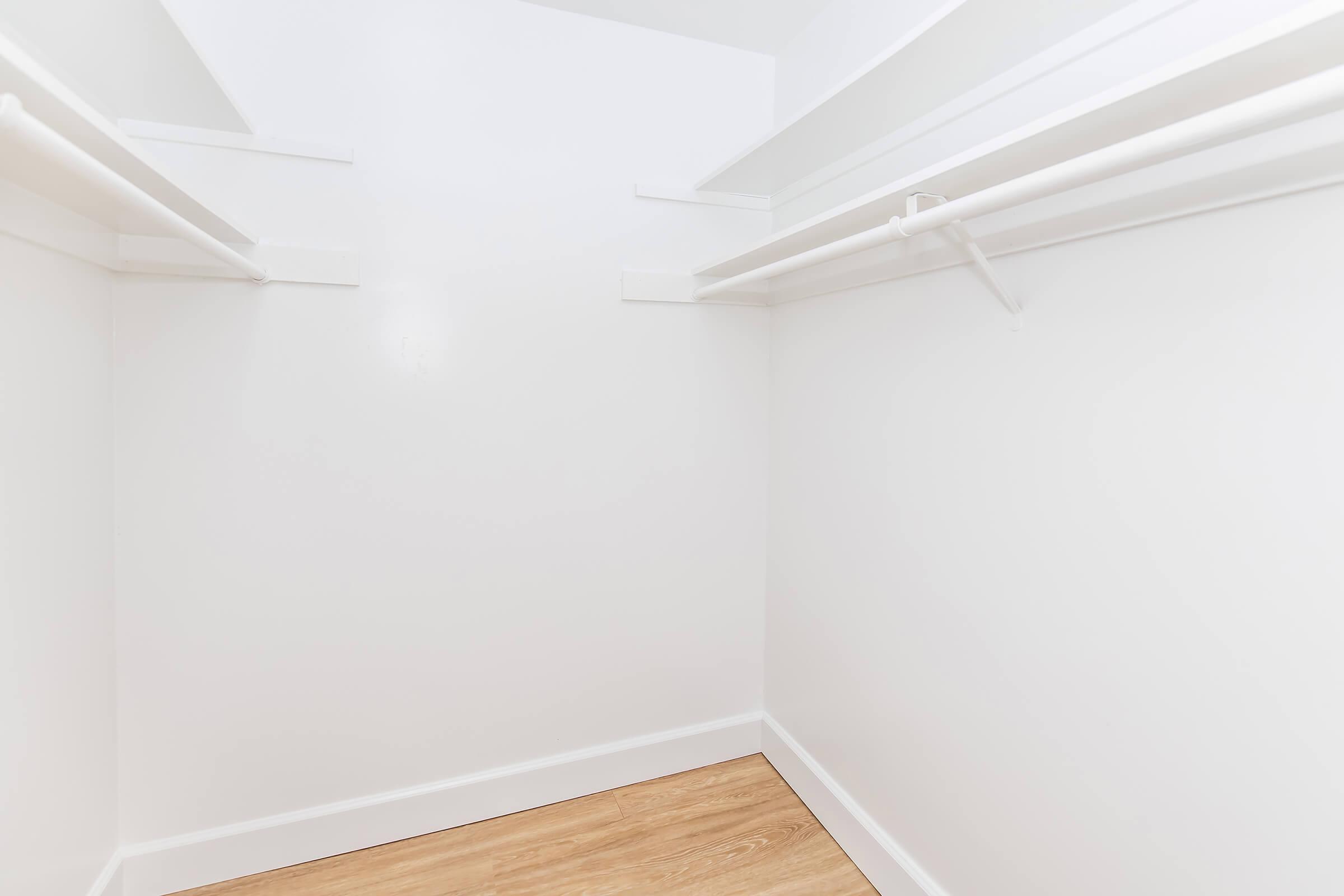 Empty closet with white walls and light wood flooring. The space features two hanging rods along the sides for clothes storage, but lacks shelves or additional furniture. The overall appearance is clean and minimalist, emphasizing a spacious, uncluttered area.