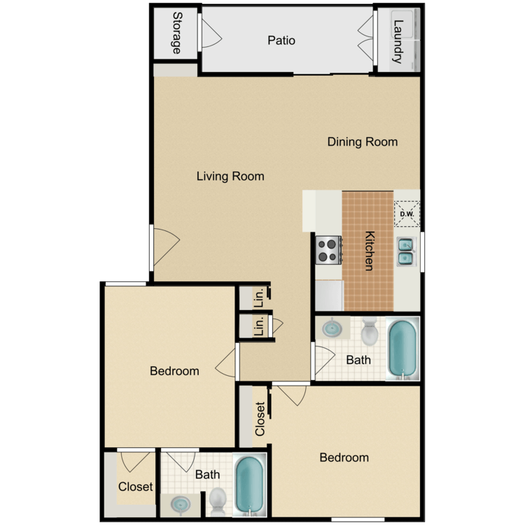 2 Bed 2 Bath floor plan image