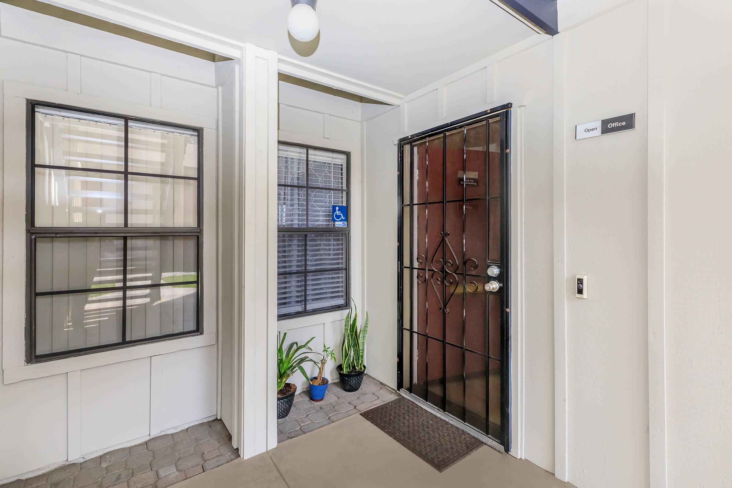 a restroom with a large window