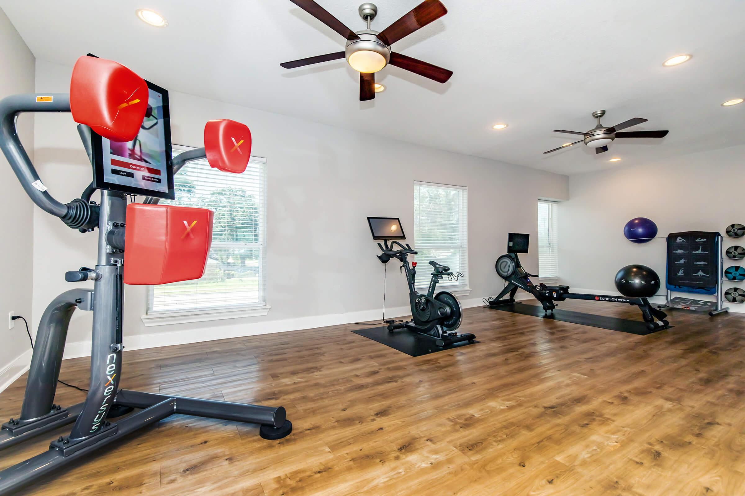 A modern home gym featuring a variety of exercise equipment, including a rowing machine, stationary bike, and a multifunction workout machine. Bright, spacious, and well-lit with large windows, the room has wooden floors and ceiling fans, creating an inviting workout environment.