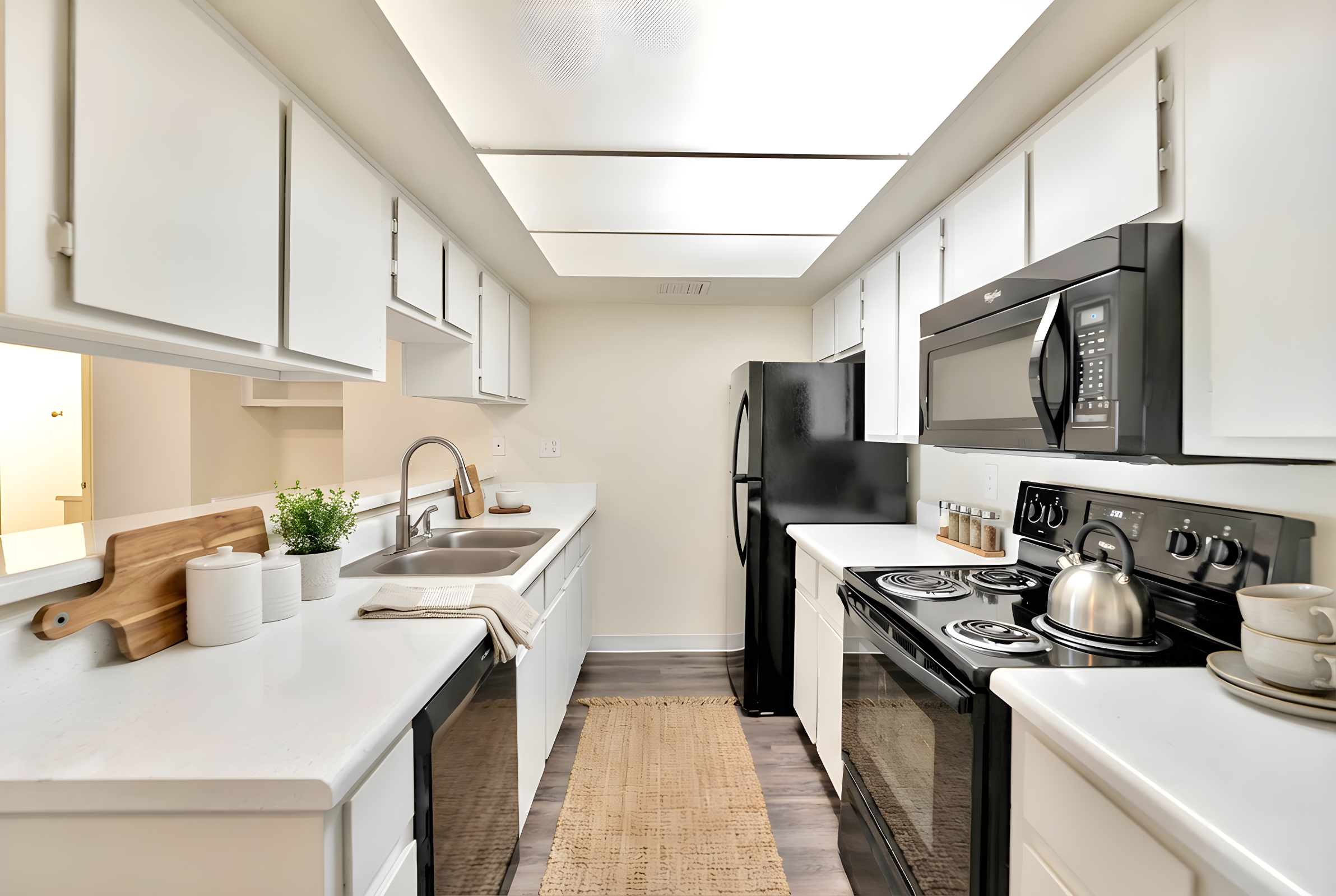 Modern kitchen featuring white cabinetry, black appliances, and a neutral color scheme. Includes a sink with a stylish faucet, a stove and microwave, and a wooden cutting board displayed on the counter. Soft lighting illuminates the space, enhancing the clean and inviting atmosphere. A jute rug adds texture to the floor.