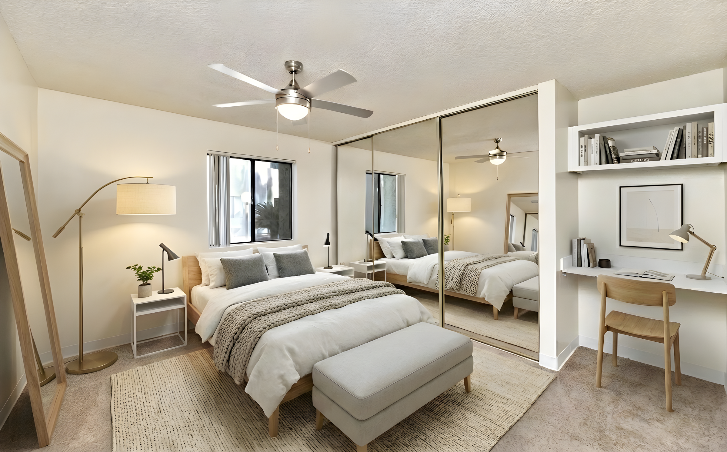 A cozy, modern bedroom featuring a bed with light-colored bedding, a plush ottoman, and a bedside lamp. A large mirror reflects the room, while a stylish desk with a lamp and books is positioned nearby. Soft lighting and neutral tones create a warm, inviting atmosphere.