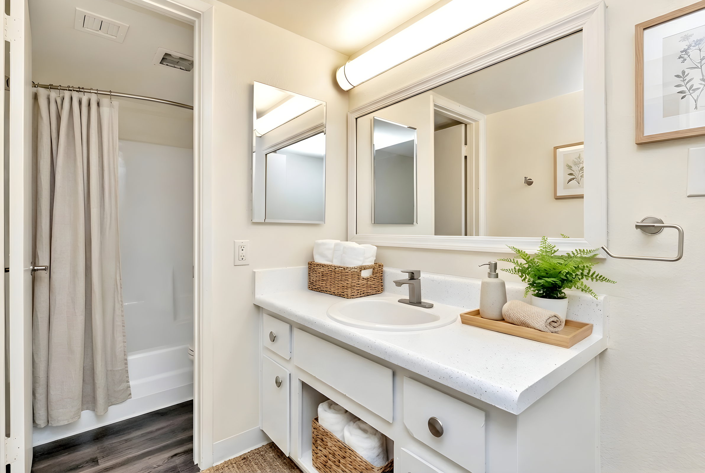 A well-lit bathroom featuring a white countertop with a sink, basket of towels, and a small plant. The space includes a shower with a curtain, two mirrors, and light-colored walls, creating a clean and modern aesthetic.