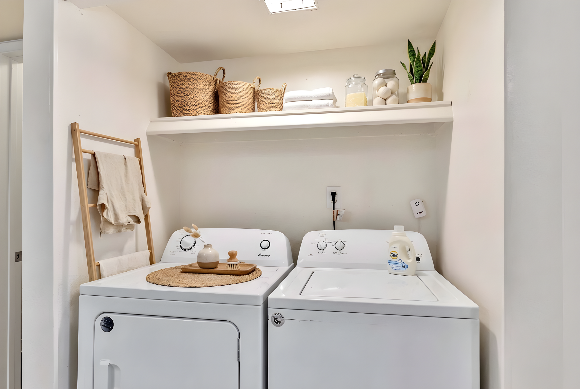 A laundry room featuring a stacked washer and dryer. Above them, there are shelves with woven baskets, a jar filled with white objects, and neatly folded towels. A plant adds a touch of greenery, while a round placemat sits on the countertop next to a small decorative item. The walls are painted white, creating a clean, organized space.