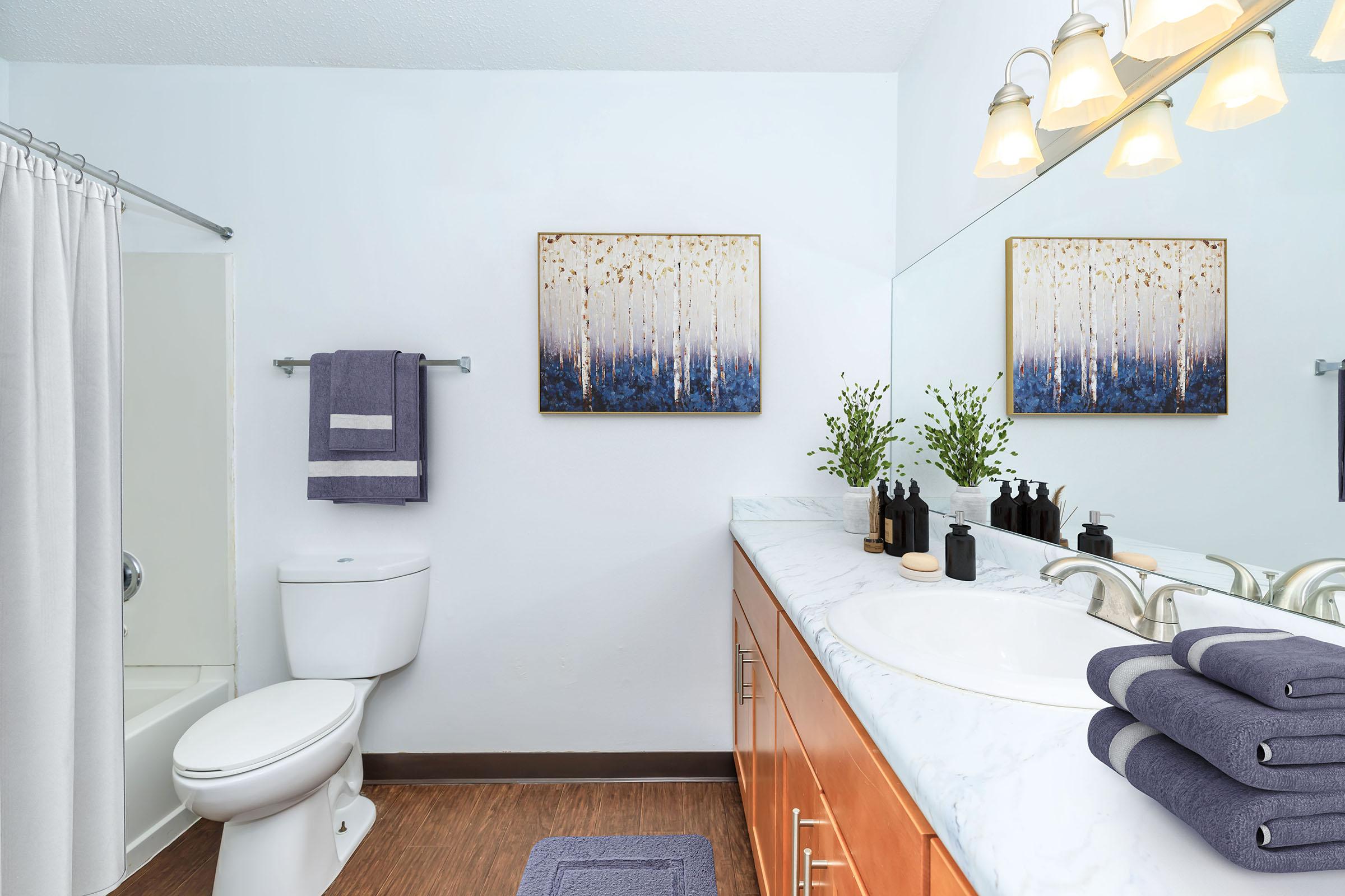 A modern bathroom featuring a white tub with a shower curtain, a wooden vanity with a marble countertop, and two sinks. There are neatly stacked purple towels, decorative black bottles, and a plant on the counter. Two framed artworks hang on the wall, and the space is well-lit by overhead lights.