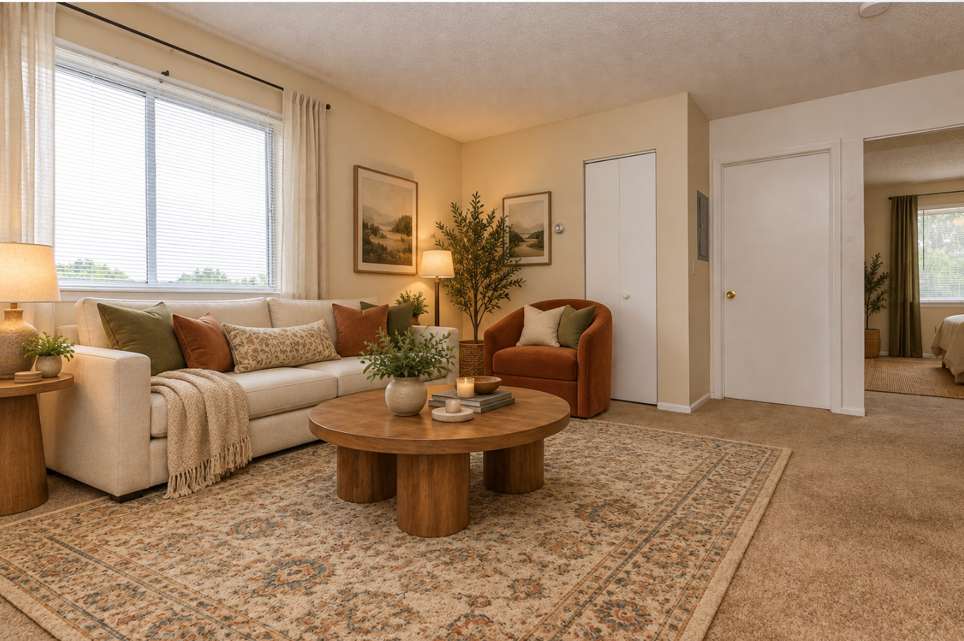 A cozy living room featuring a light-colored sofa with decorative pillows, a round wooden coffee table centered on a patterned area rug, and a green potted plant. Soft lighting from a lamp adds warmth. The room has neutral walls and a window with sheer curtains, with a doorway leading to a bedroom area in the background.
