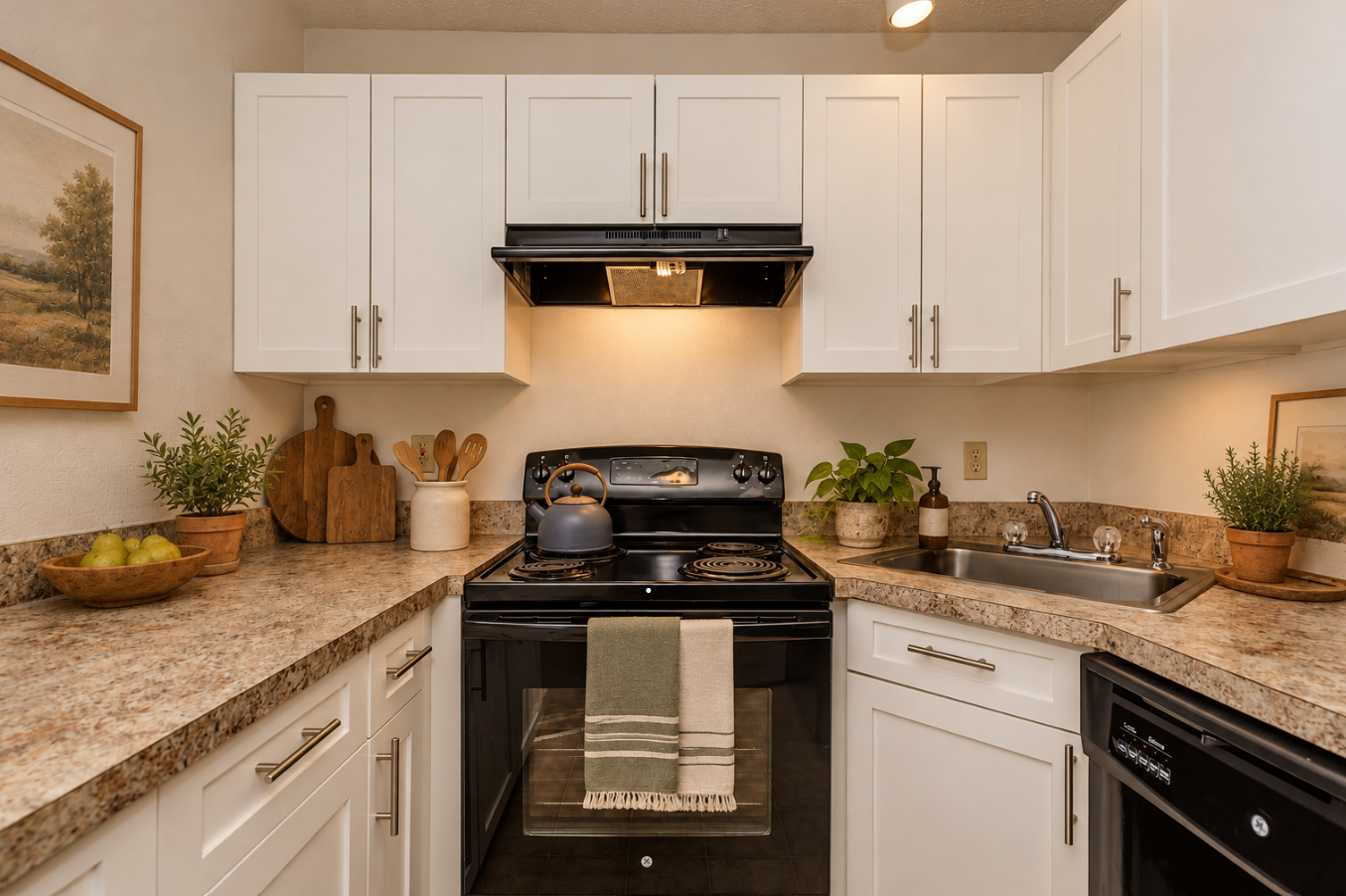 Modern kitchen featuring white cabinets, a black stove with an exhaust hood, and granite countertops. The space includes decorative wooden cutting boards, potted herbs, and a kettle on the stove. Natural light illuminates the area, creating a warm and inviting atmosphere.