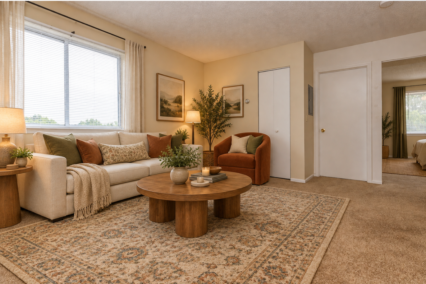 A cozy living room featuring a light-colored sofa adorned with decorative pillows, a round wooden coffee table in the center, and a soothing area rug. A lamp and a potted plant add warmth, while a hallway leads to another room. Soft natural light filters through the window, creating an inviting atmosphere.