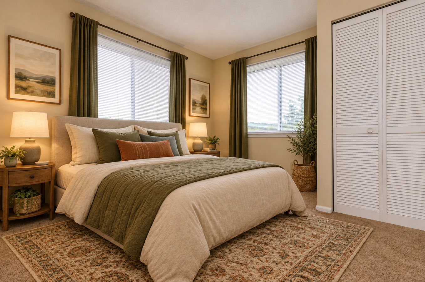 A cozy bedroom featuring a queen-sized bed with green and beige bedding, decorative pillows, and a textured blanket. Two bedside tables with lamps flank the bed, and artwork hangs on the walls. Natural light filters through the windows, which are adorned with green curtains. A closet with louvered doors is visible.