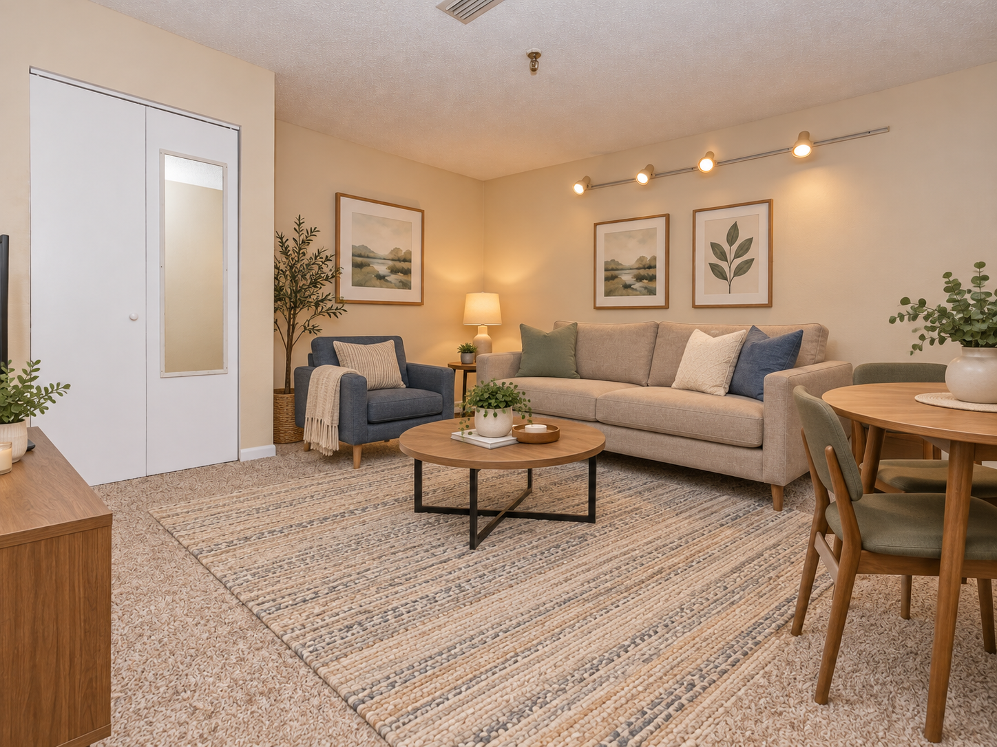 A cozy living room featuring a light-colored sofa, a blue accent chair, and a coffee table on a textured rug. There are two framed botanical prints on the wall, a floor lamp beside the sofa, and a round dining table with wooden chairs. A closet door is visible on the left, with potted plants adding a touch of greenery.