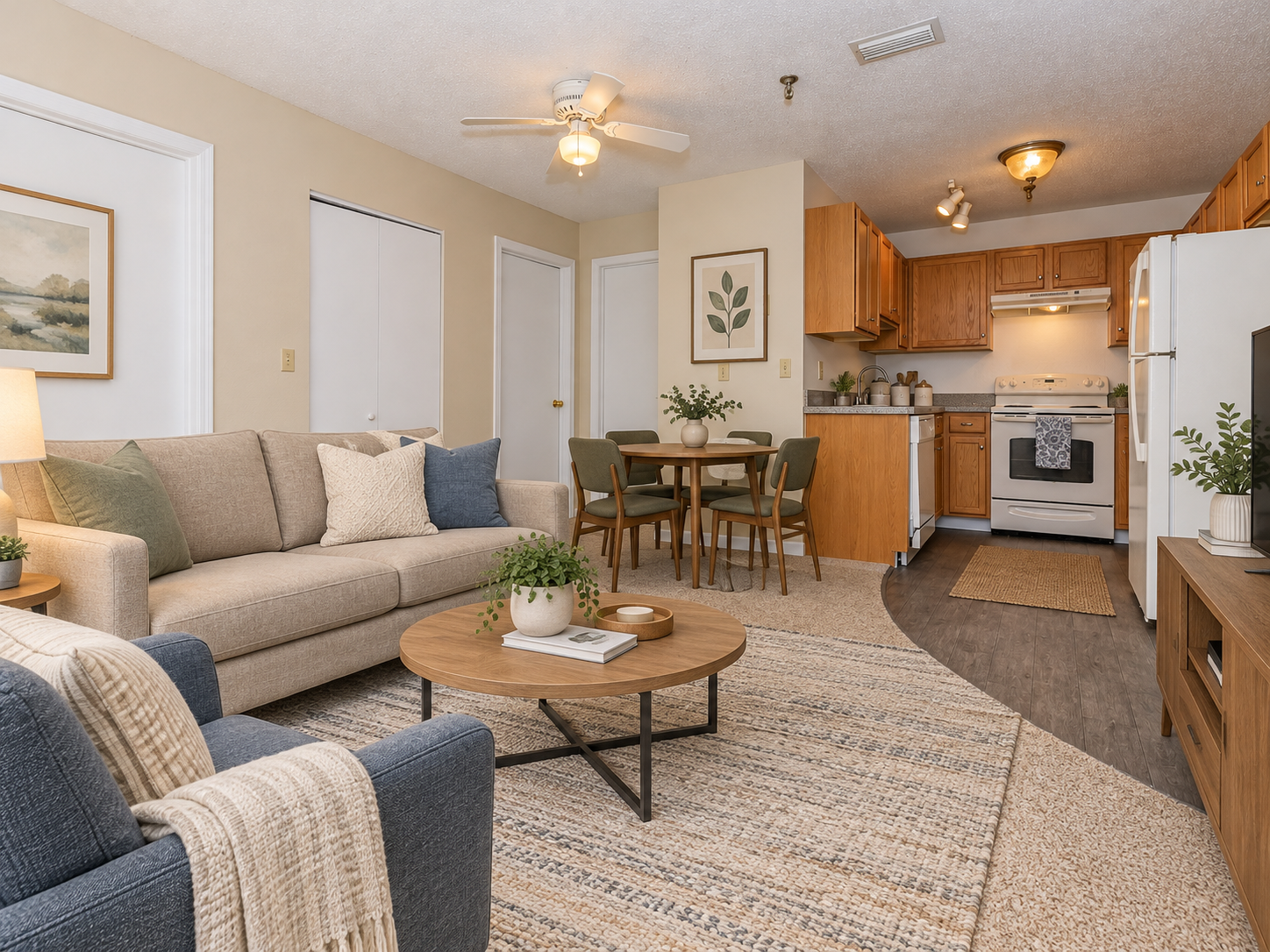 A cozy living room featuring a light gray sofa with decorative pillows, a round coffee table, and a blue armchair. The space includes a dining area with a small table and chairs, a kitchenette with wooden cabinets, and warm lighting, creating an inviting and comfortable atmosphere.