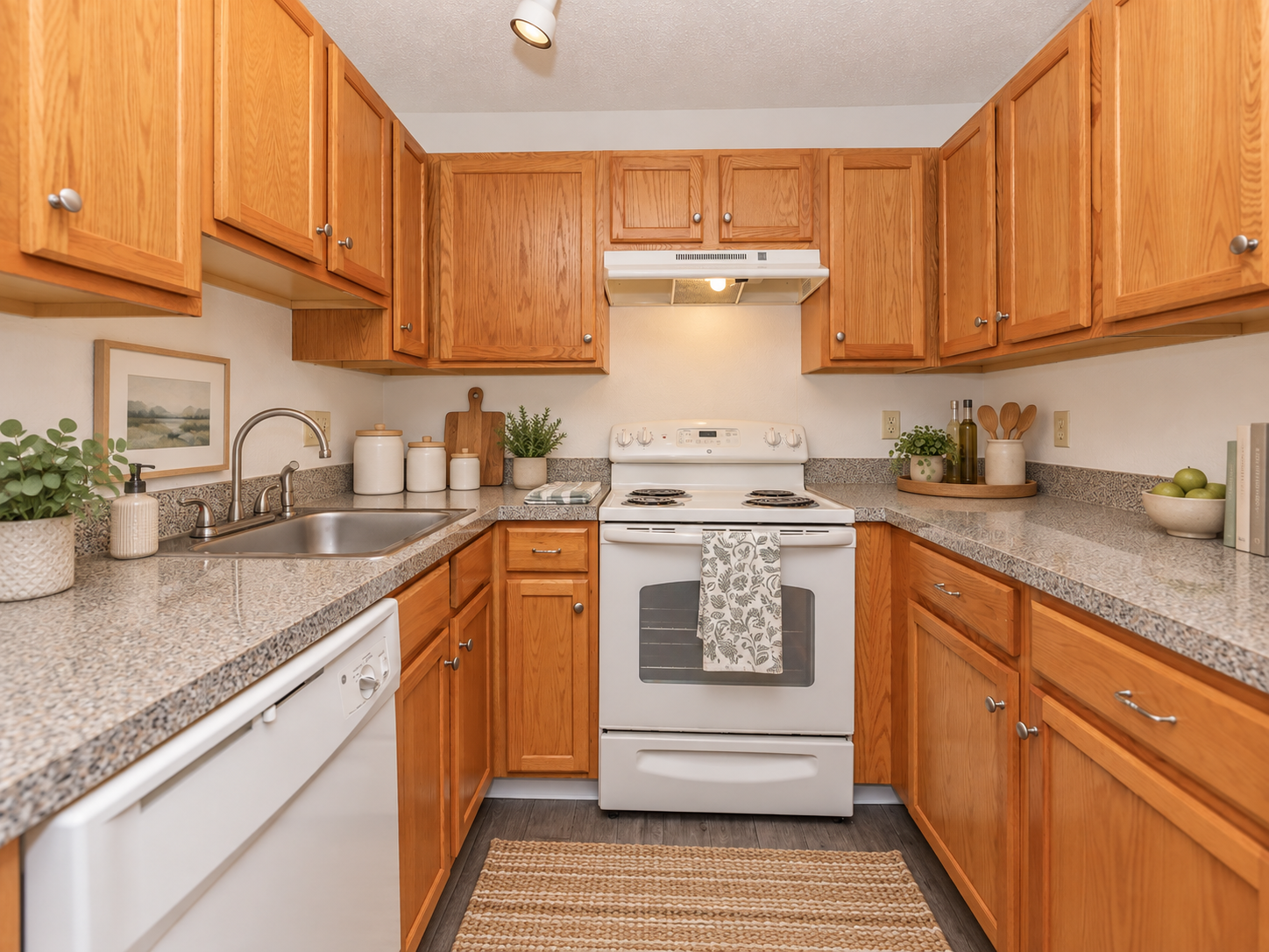 A well-lit kitchen featuring wooden cabinets and a light granite countertop. The space includes a white oven and stove, a stainless steel sink, a dishwasher, and decorative kitchenware. Potted plants and a simple artwork add a touch of decor, while a woven rug provides warmth to the area.