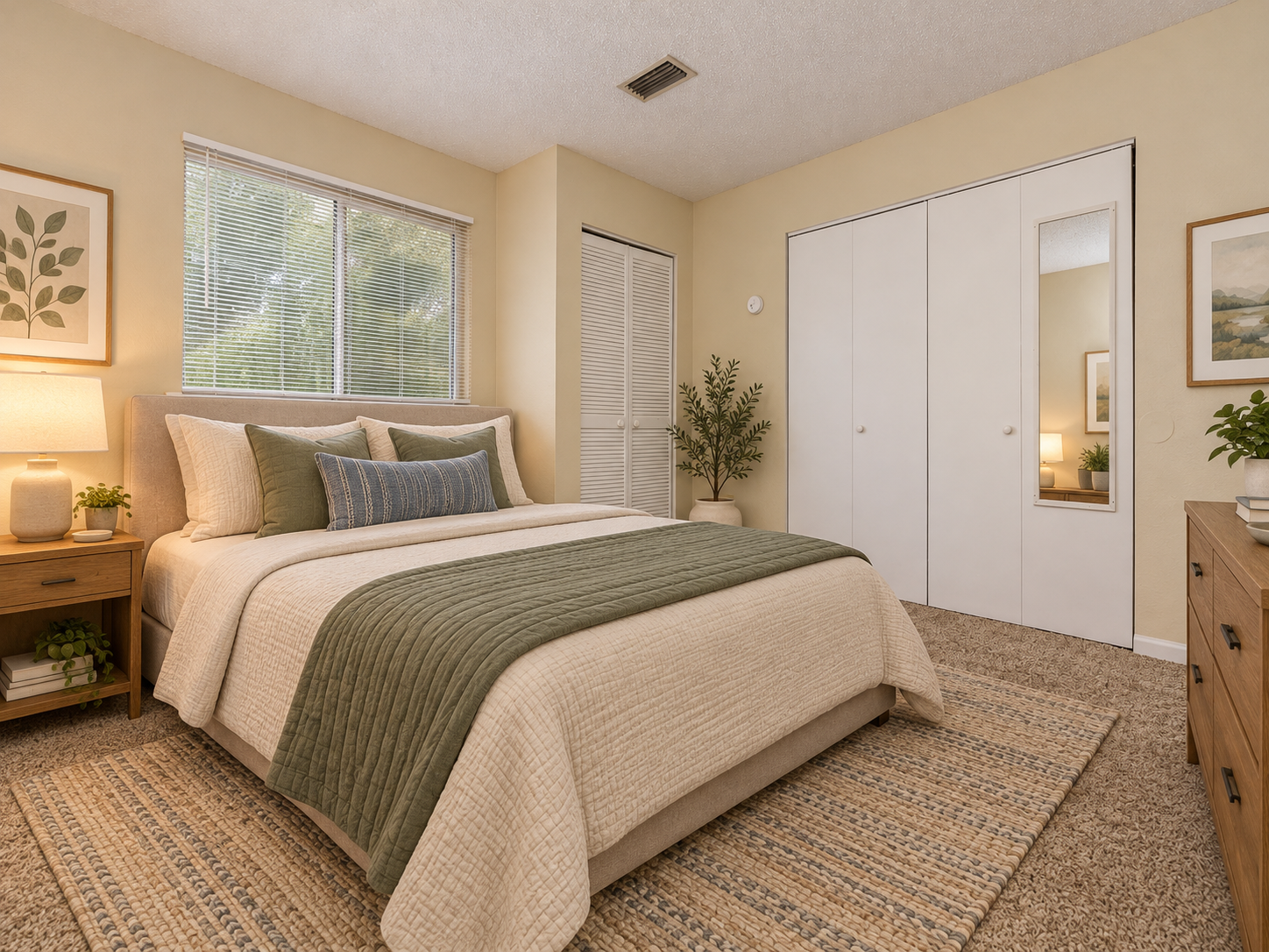 A cozy bedroom featuring a queen-sized bed with neutral bedding and decorative pillows. There's a lamp on a wooden nightstand, a closet with mirrored doors, and a small potted plant. Natural light filters through the window, illuminating the soft beige and green color scheme of the room.