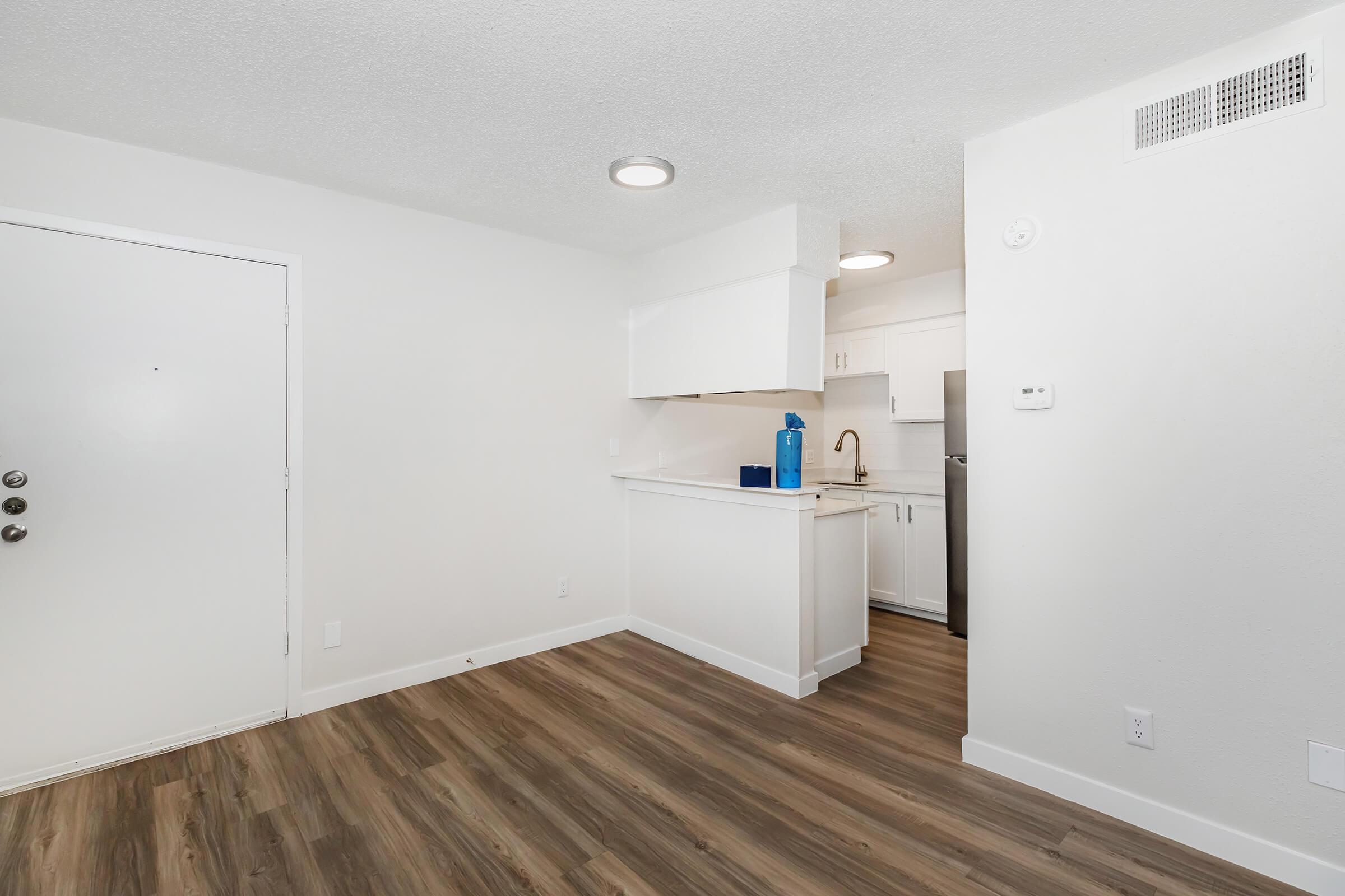 A modern, well-lit studio apartment featuring a white entry door, laminate flooring, and an open kitchen with a small breakfast bar. The kitchen has white cabinets and stainless steel appliances. The walls are painted in a light color, creating an inviting atmosphere.