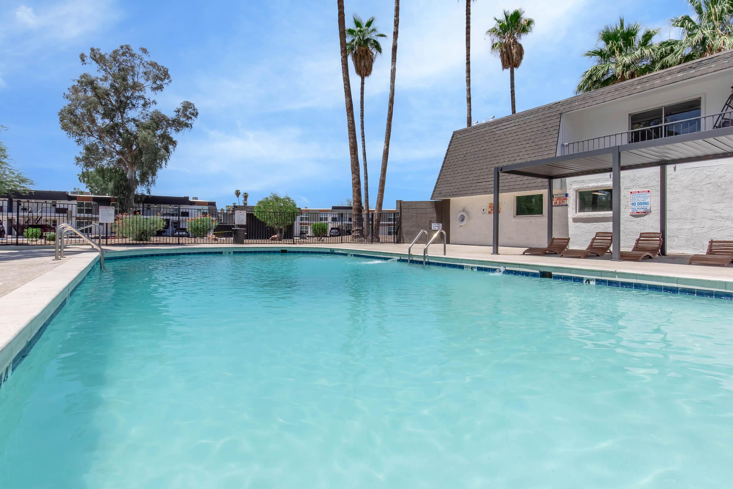 A clear swimming pool surrounded by palm trees and lounge chairs. In the background, there are buildings with a fence around the pool area, under a bright blue sky. The setting suggests a relaxing outdoor atmosphere.