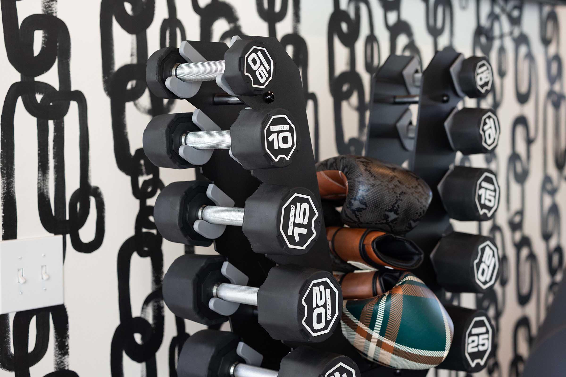 A small rack holding black dumbbells labeled with various weights, ranging from 5 to 25 pounds. The background features a striking black and white mural of linked chains, creating a dynamic and modern fitness environment.