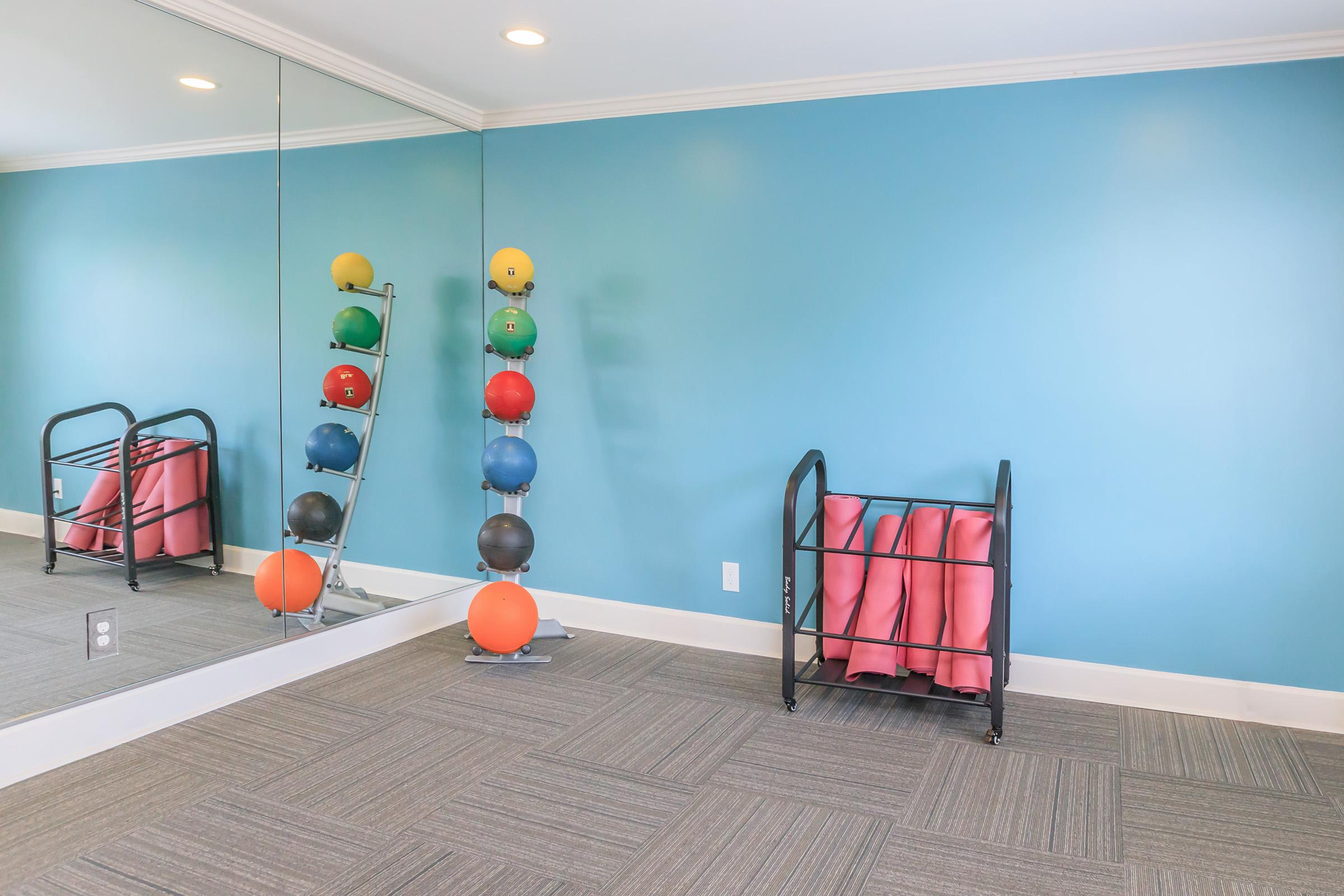 A bright fitness room featuring a blue wall with a mirror, a rack of colorful medicine balls in various sizes, and a storage rack with rolled exercise mats. The floor is covered with gray carpeting, creating a clean and inviting space for workouts.