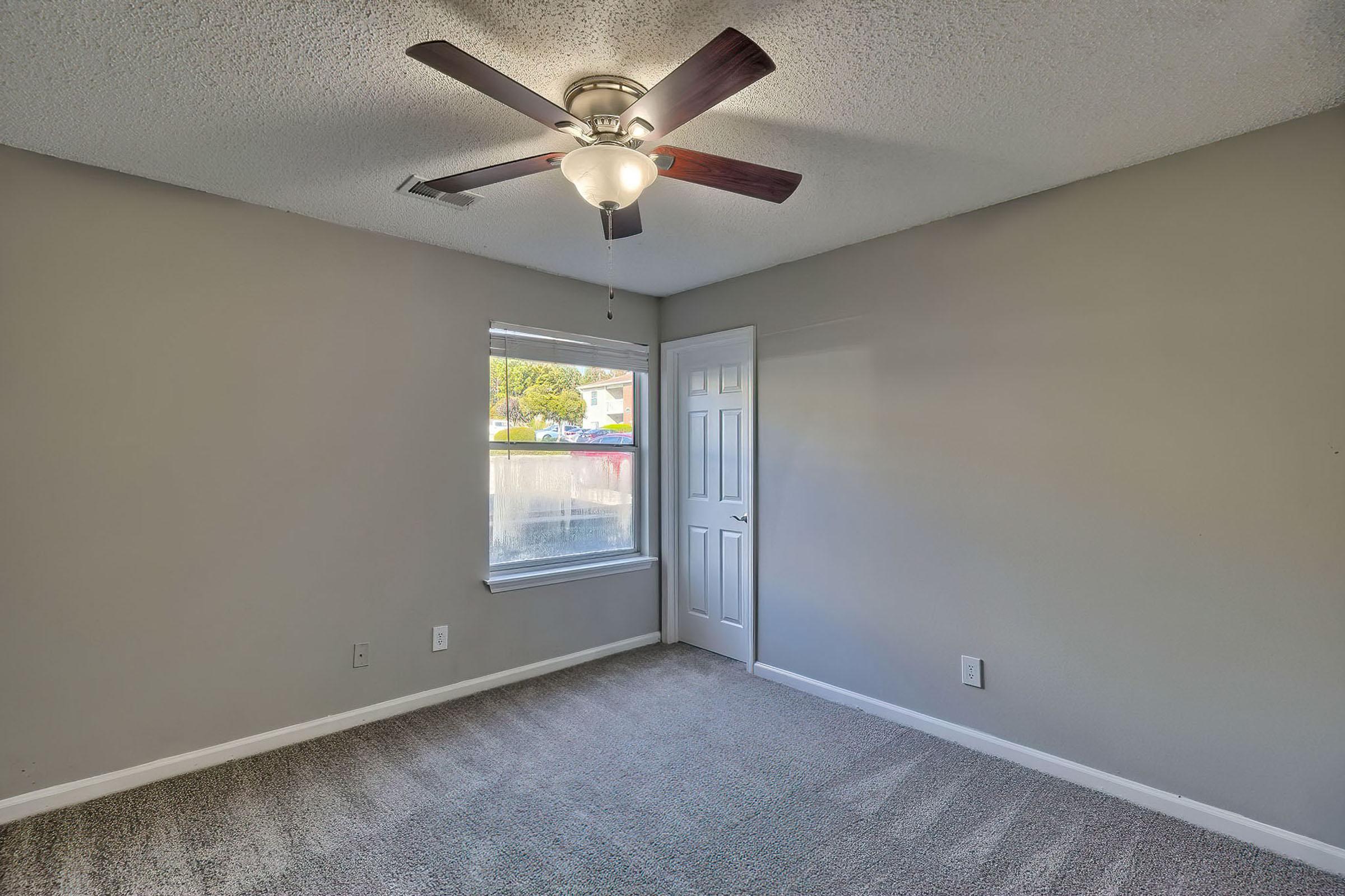 A well-lit empty bedroom featuring light gray walls, a ceiling fan with wooden blades, beige carpet, and a small window with sheer curtains. A closed white door is visible on the right, and the room has a spacious and inviting feel.