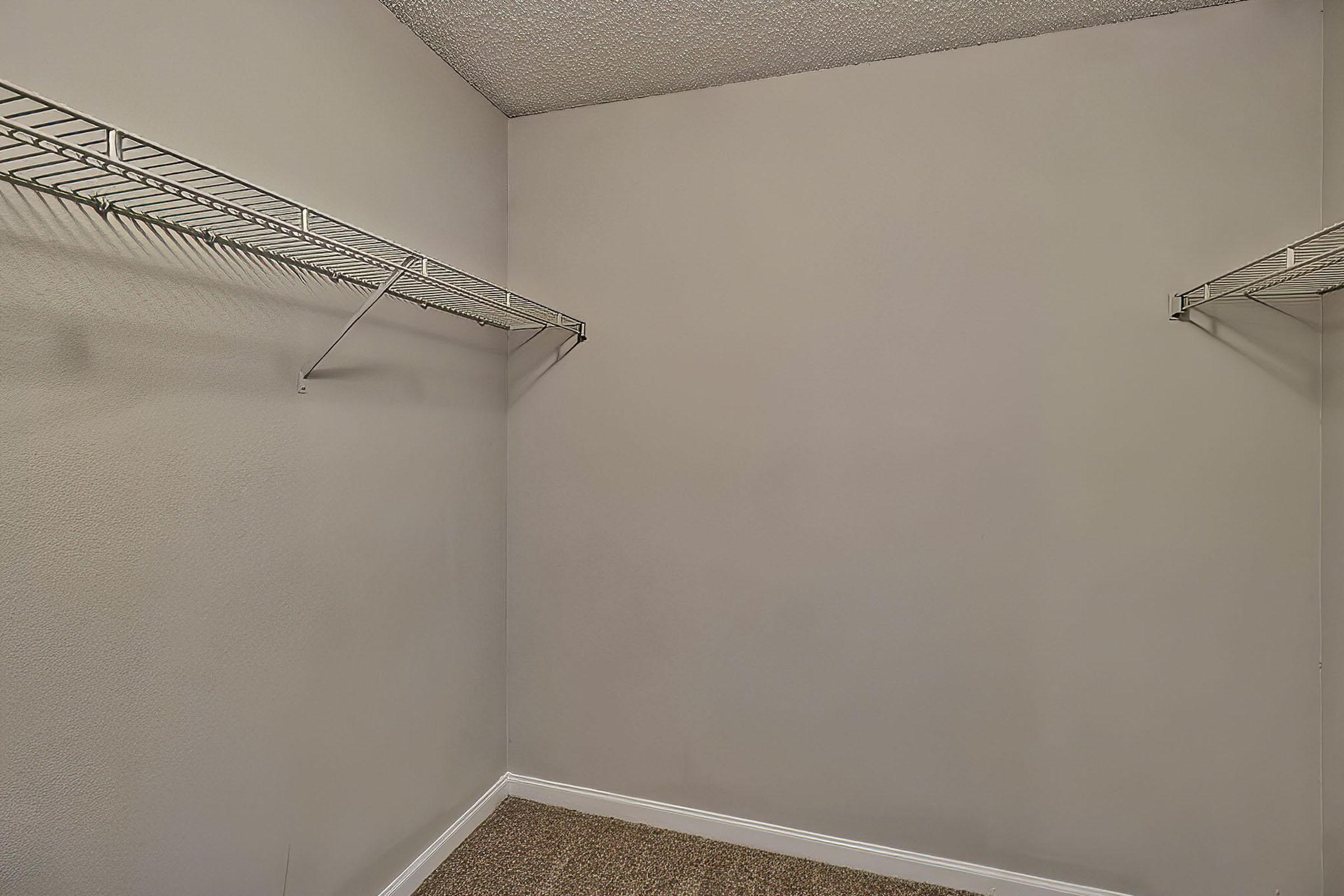 A spacious empty closet featuring two wire shelving units on opposite walls. The walls are painted a neutral color, and the floor is carpeted. The overall atmosphere is clean and uncluttered, providing a blank canvas for organization.