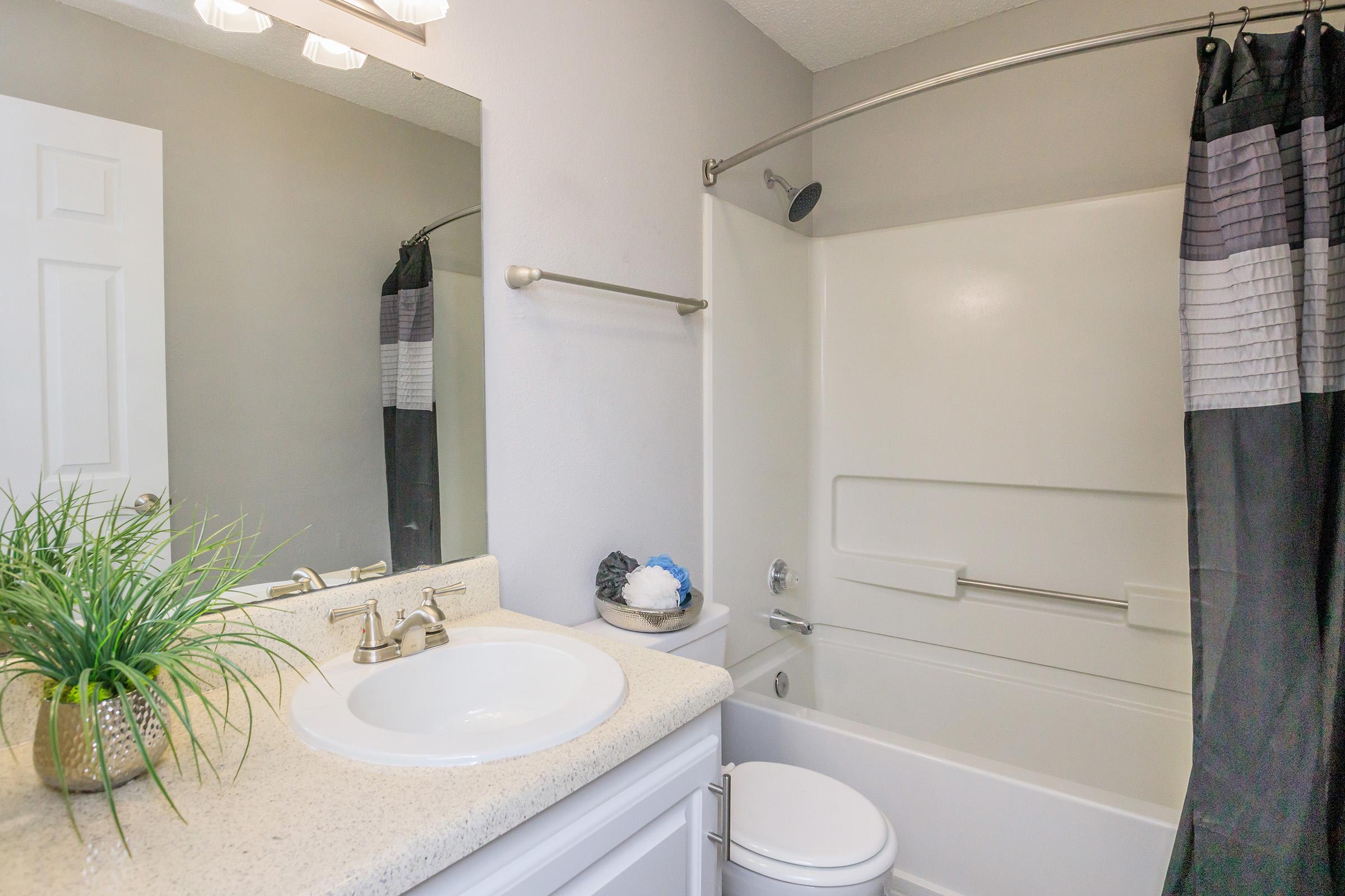A bathroom featuring a curved shower rod with a patterned shower curtain, a white bathtub, a modern sink with a countertop, and a potted plant on the counter. The walls are painted in a light gray color, and there's a mirror above the sink. The overall design is clean and contemporary.