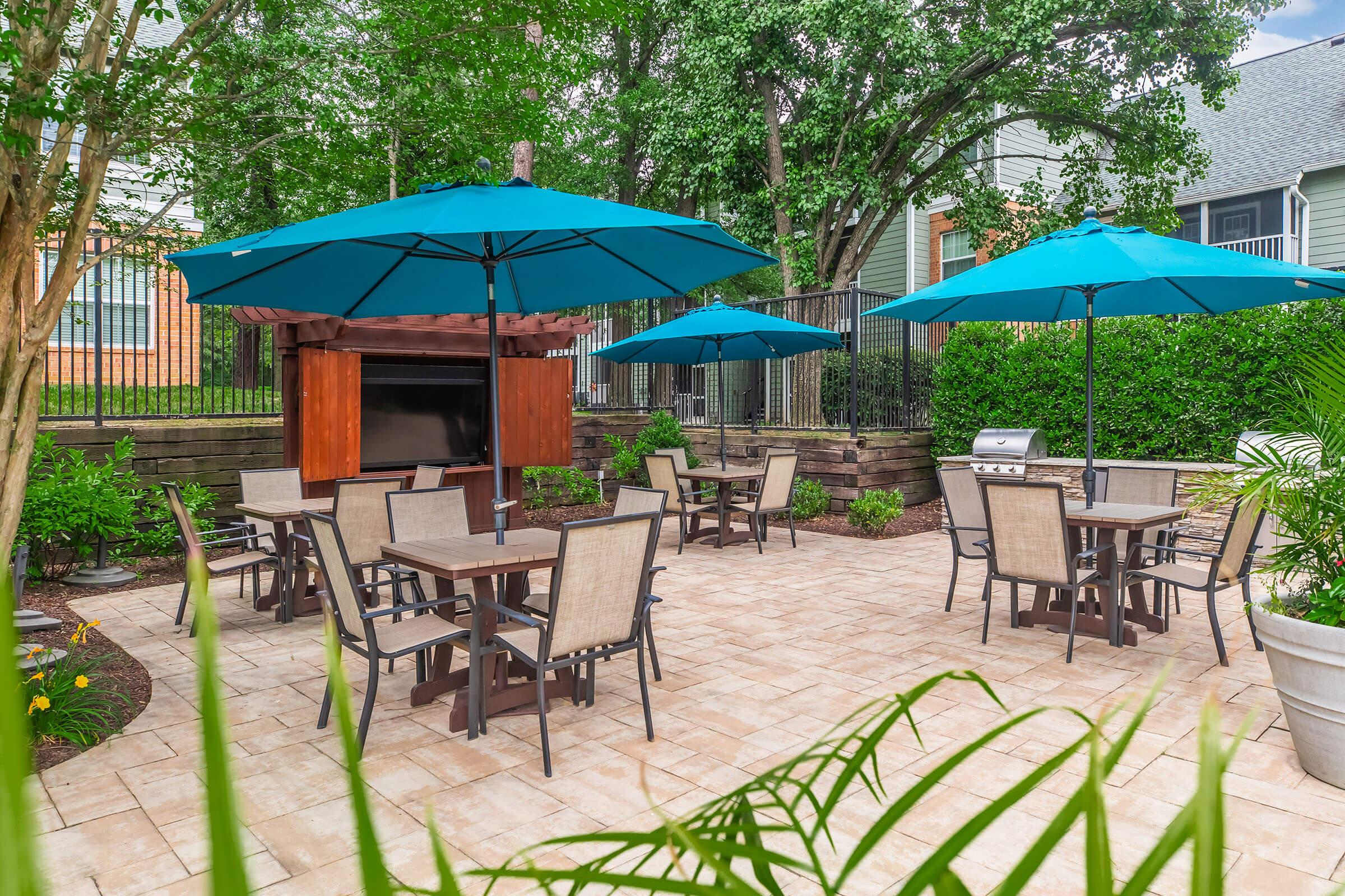 Outdoor seating area featuring multiple tables and chairs under large blue umbrellas. There is a barbecue grill and a wall-mounted TV in the background, surrounded by greenery and flower beds, providing a comfortable space for gatherings or relaxation.