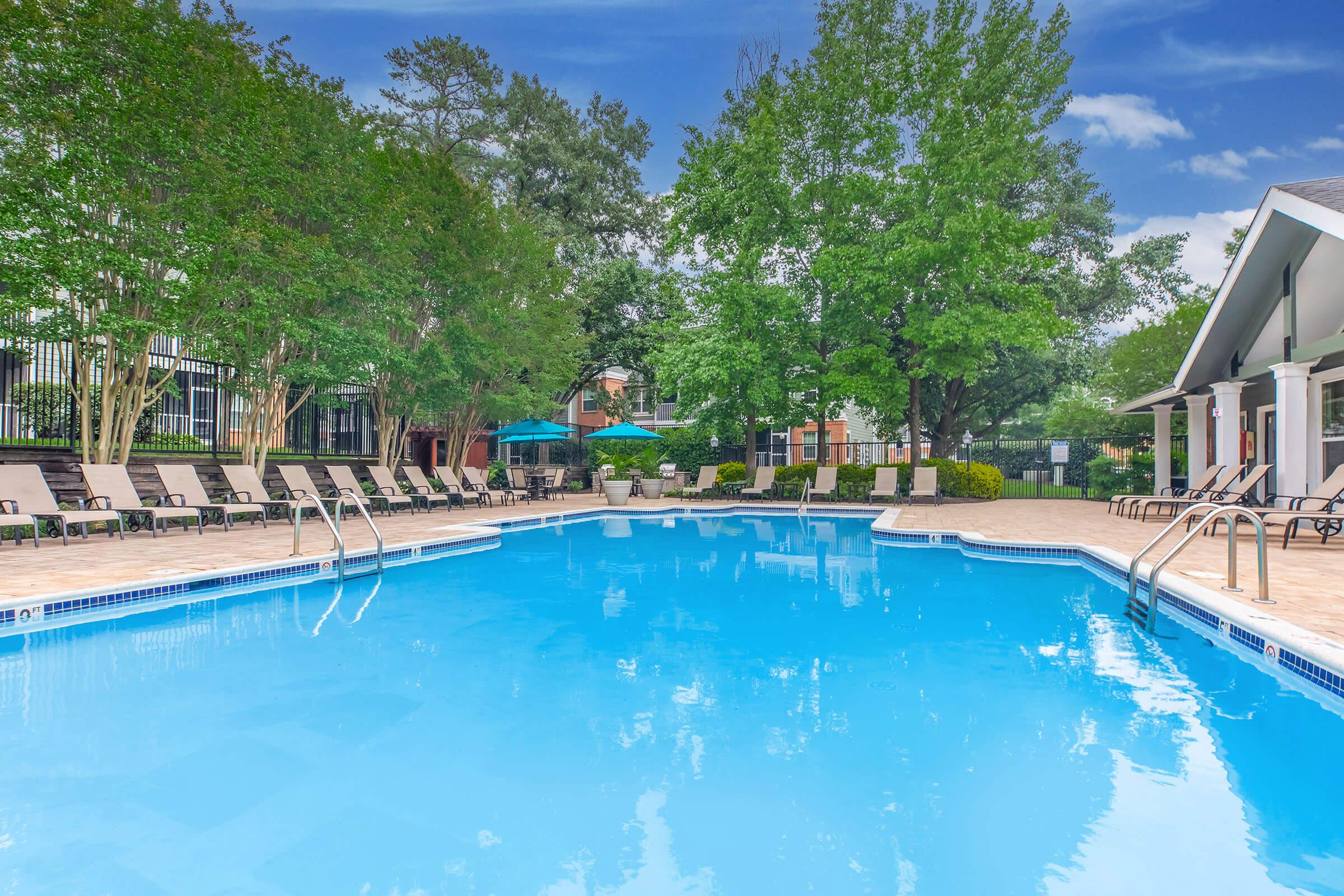 A sunny swimming pool surrounded by lounge chairs, with vibrant greenery and trees in the background. There are umbrellas near the pool, and a modern building is visible to the right. The clear blue water reflects the bright sky, creating a relaxing outdoor atmosphere.