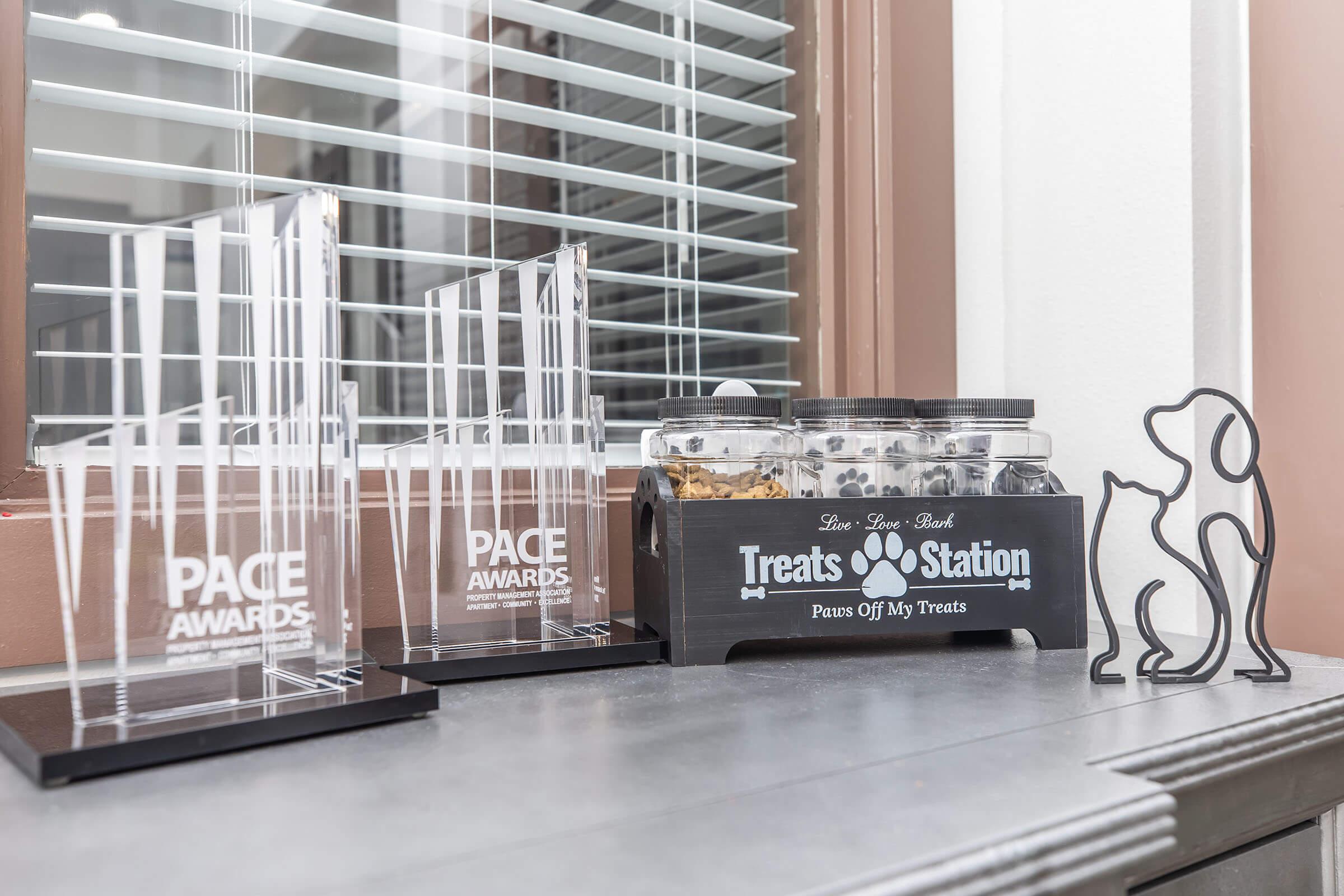 Two clear acrylic trophies labeled "PACE AWARDS" sit on a table alongside a black treats station with a dog silhouette design. The treats station contains several clear jars filled with various dog treats, and a message that reads "Paws Off My Treats." The background features a window with blinds.