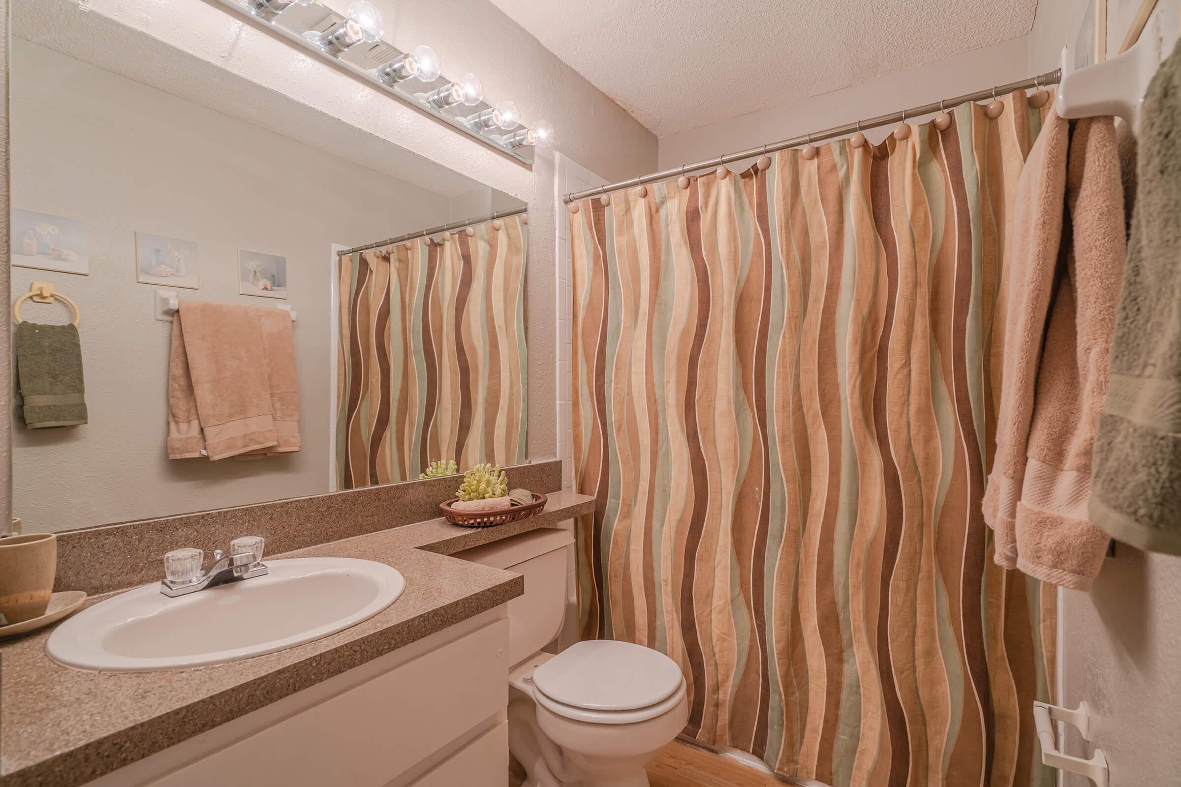 a shower curtain next to a sink