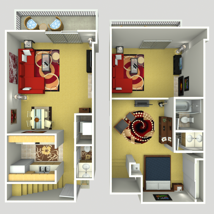 Floor plan image of 1 Bed 1.5 Bath Townhome