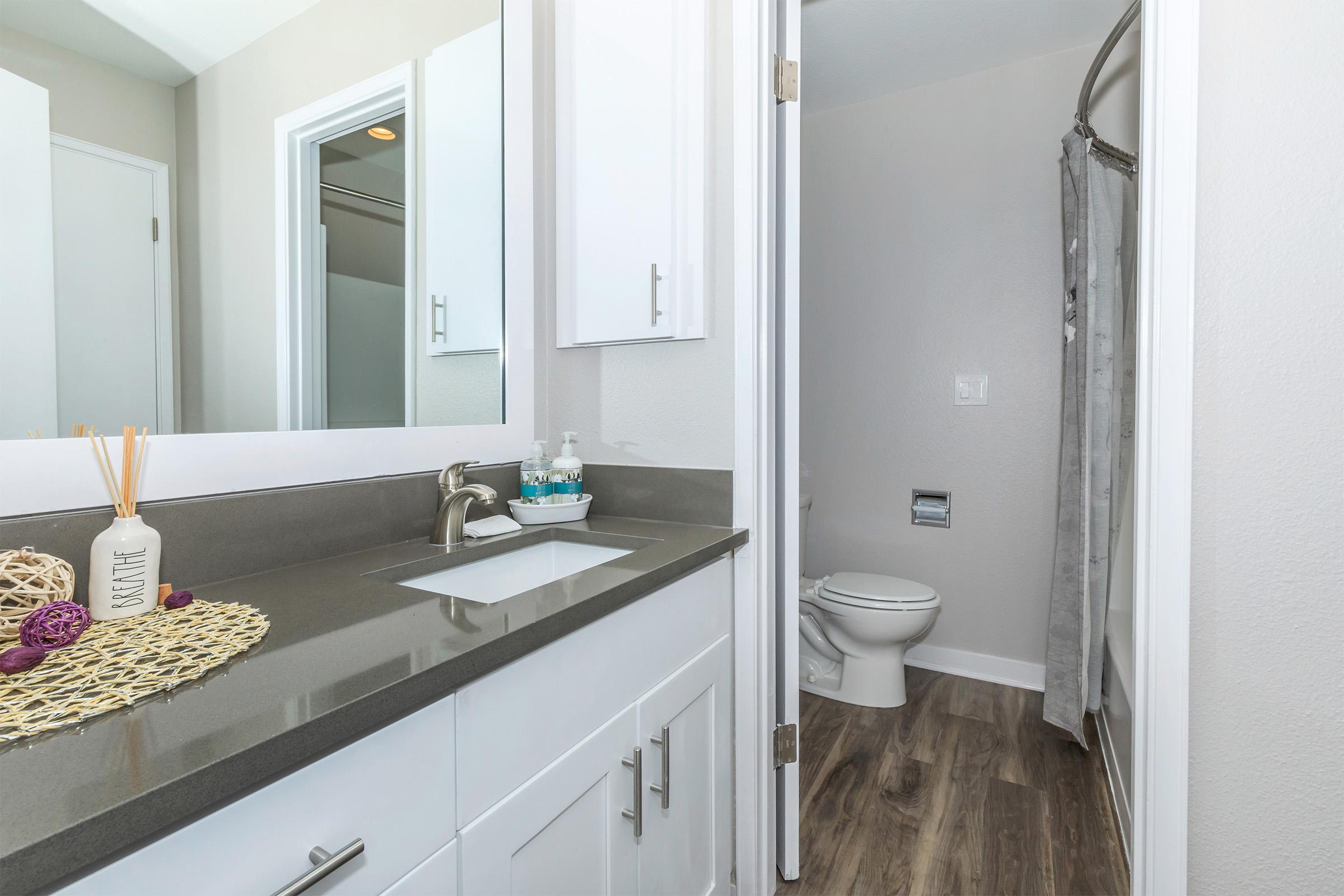 a room with a sink and a mirror