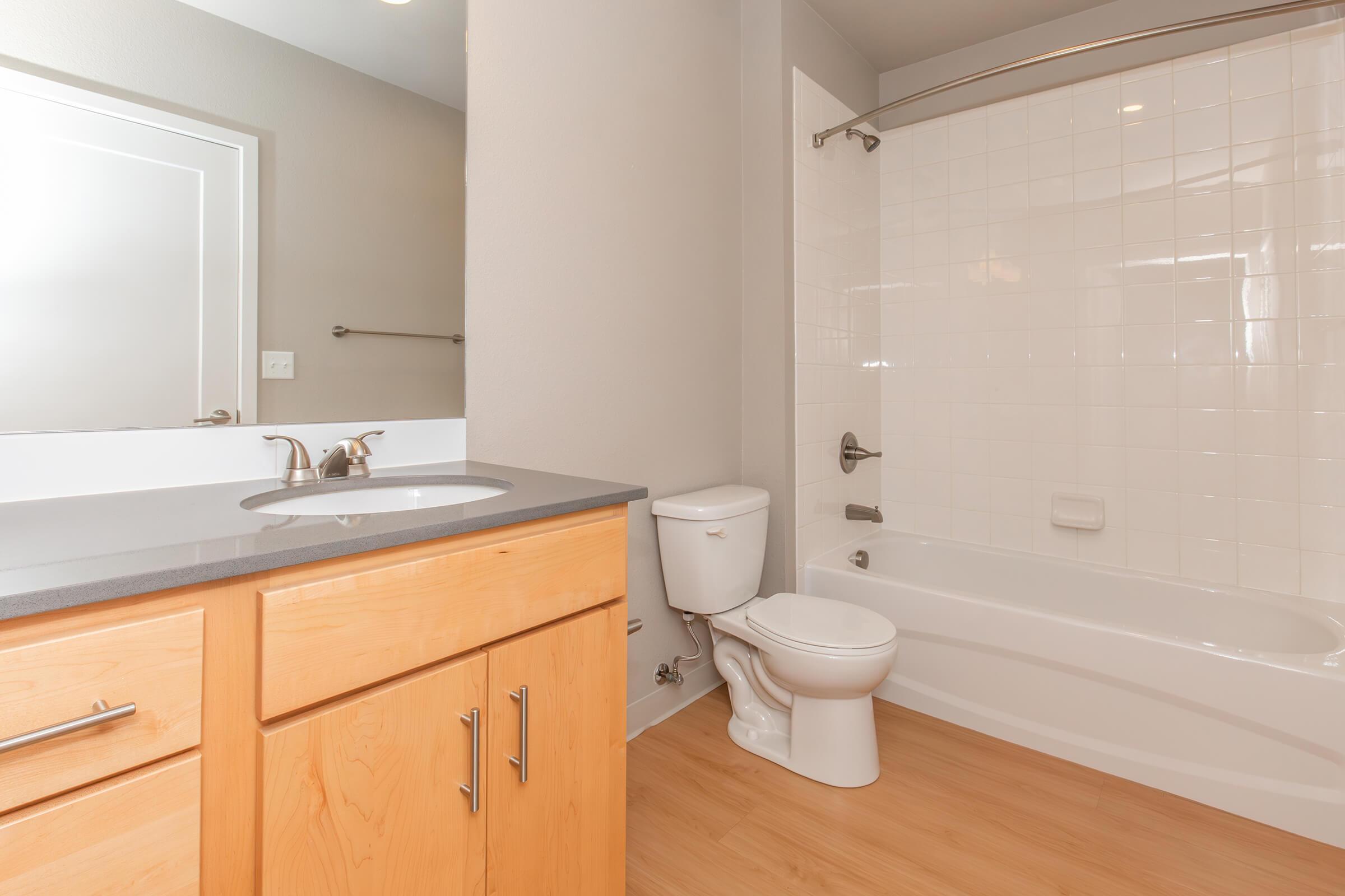 A modern bathroom featuring a bathtub with a shower, a toilet, and a sink with wooden cabinetry. The walls are light-colored, and there's a large mirror above the sink. The flooring is a light wood.