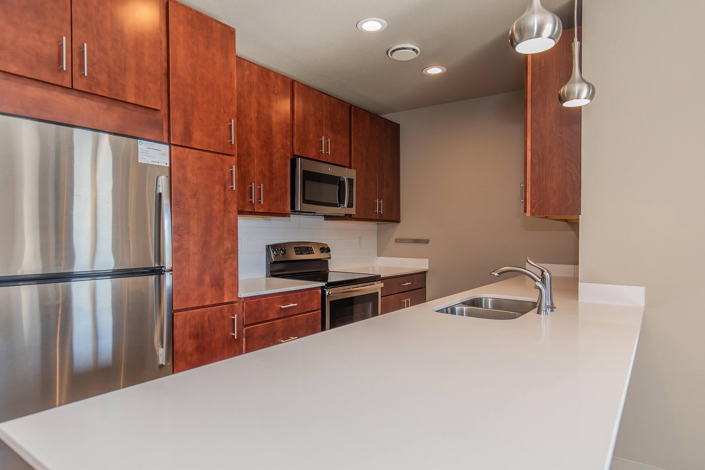 Modern kitchen featuring wooden cabinets, stainless steel appliances, a sleek countertop, and pendant lighting. The space includes a refrigerator, oven, microwave, and sink, with a clean and contemporary design highlighted by neutral wall colors.