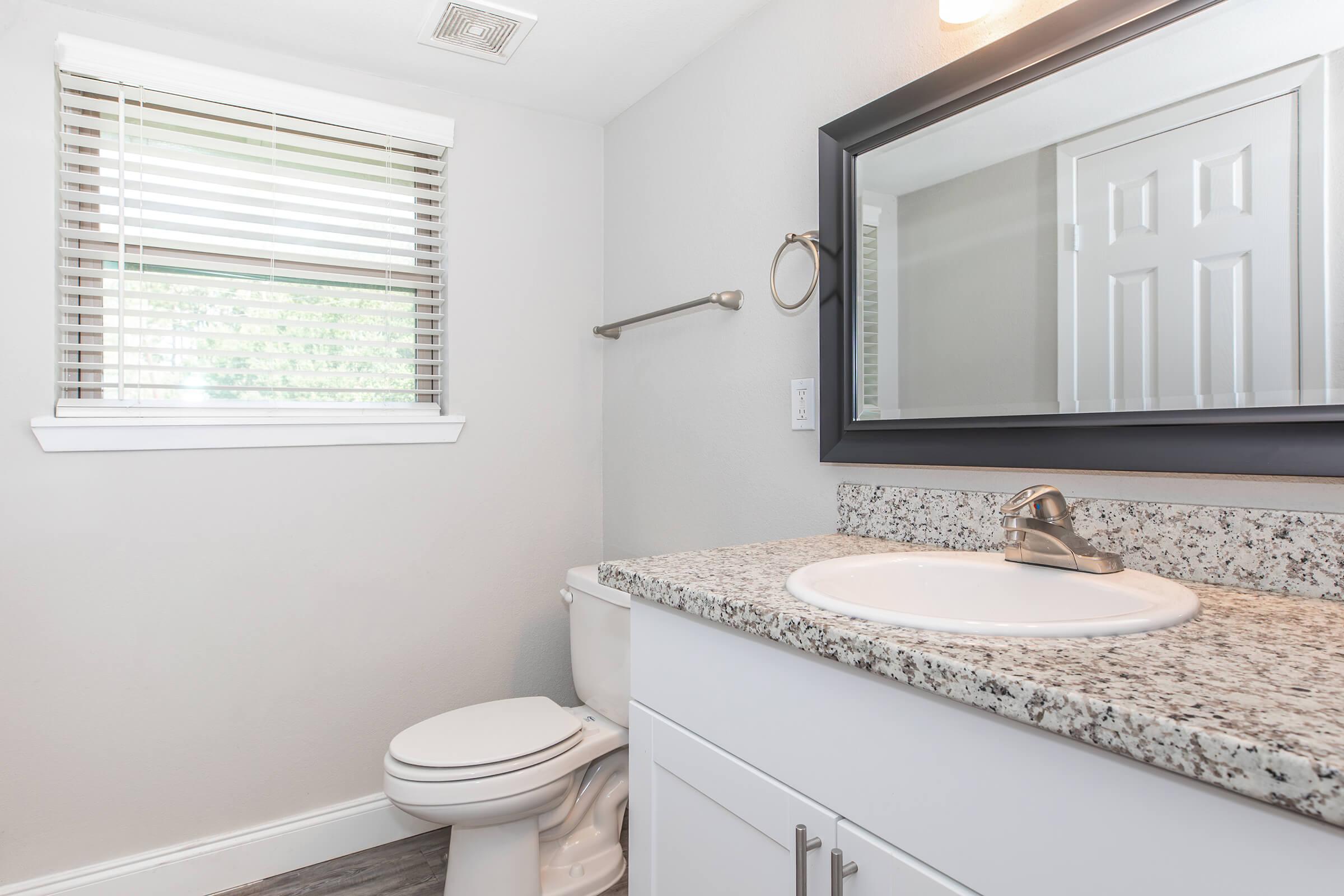 A modern bathroom featuring a granite countertop sink, a white toilet, and a large mirror. Natural light enters through a window with blinds. The walls are painted a light gray, creating a clean and spacious atmosphere. A towel holder is mounted on the wall near the sink.