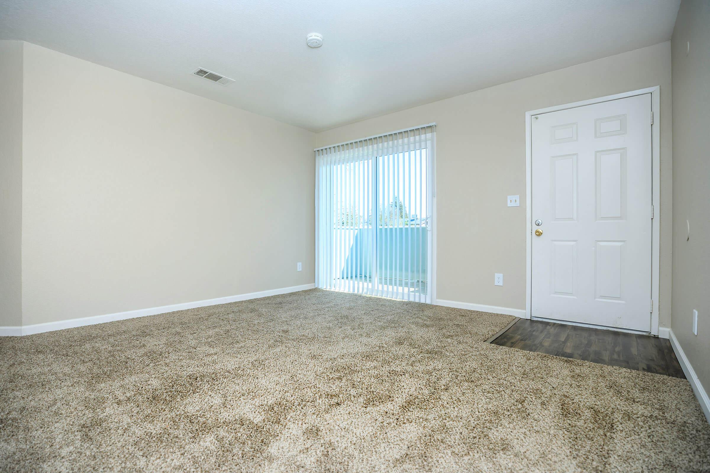 Carpeted living room with glass sliding doors