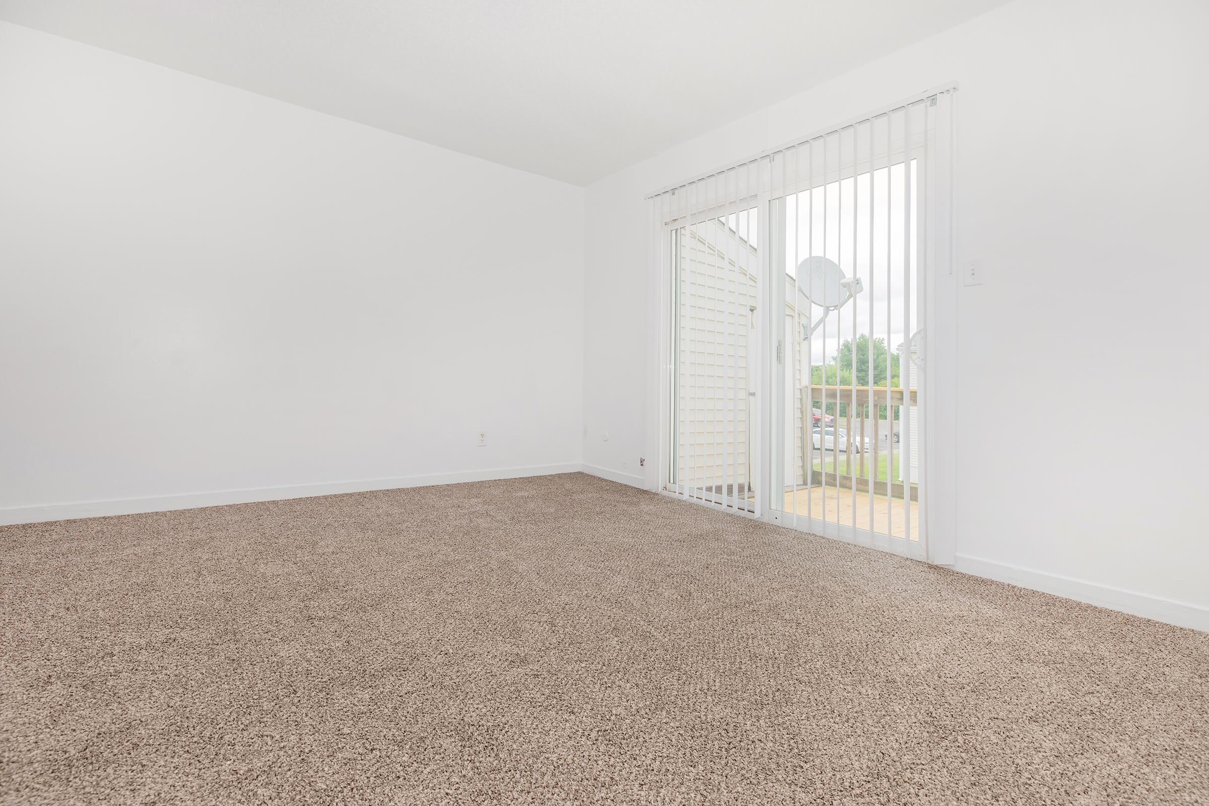 A spacious empty room with light-colored walls and beige carpet. There is a sliding glass door with vertical blinds that leads outside. The floor appears clean and ready for furniture arrangement, with natural light illuminating the space.